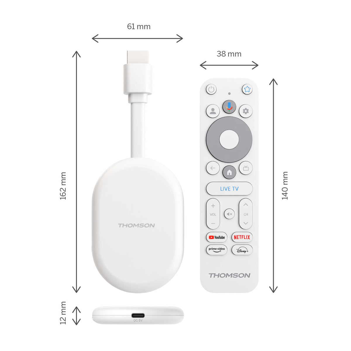 Thomson remote control and streaming device with dimensions on a white background