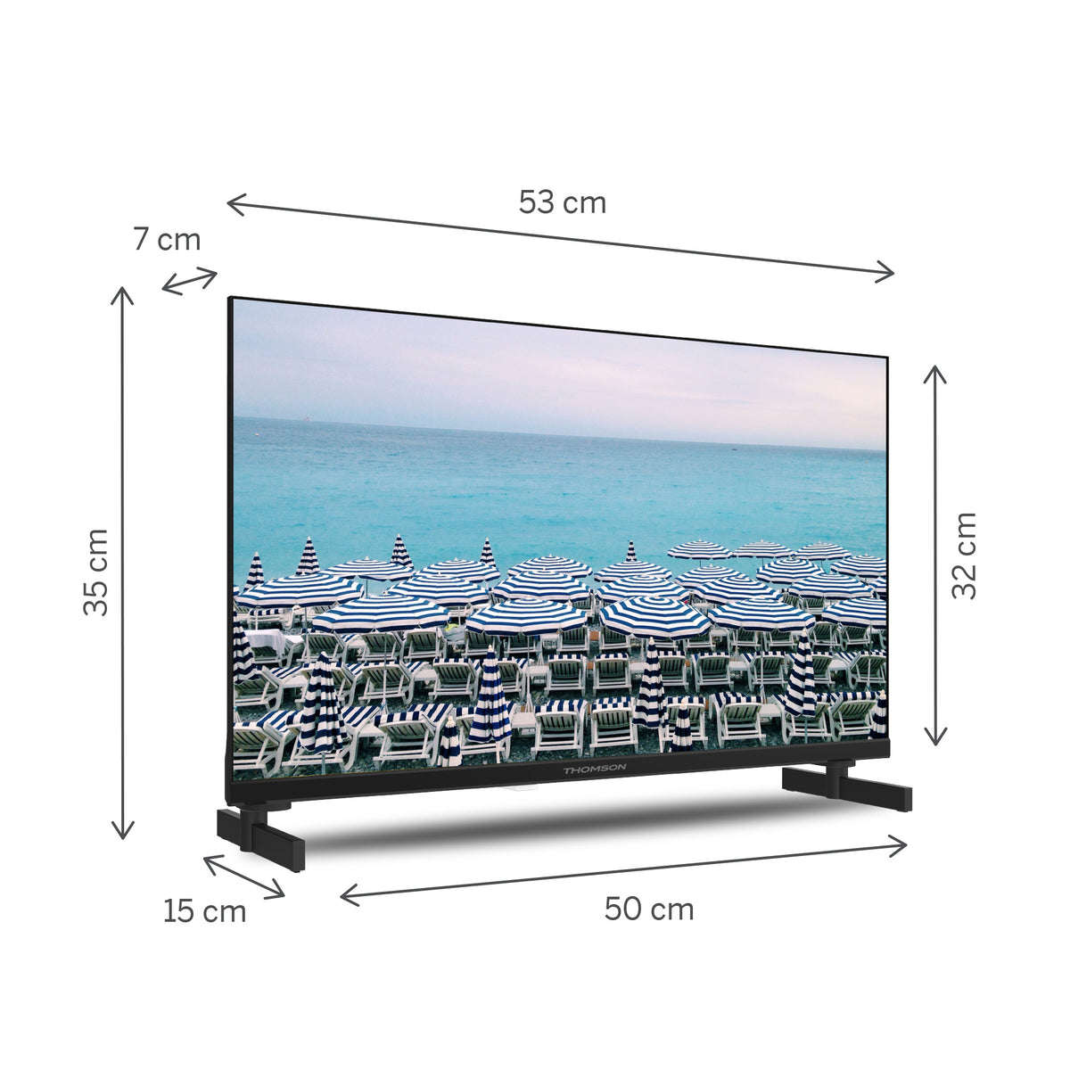 Dimensions of a television screen with beach scene.