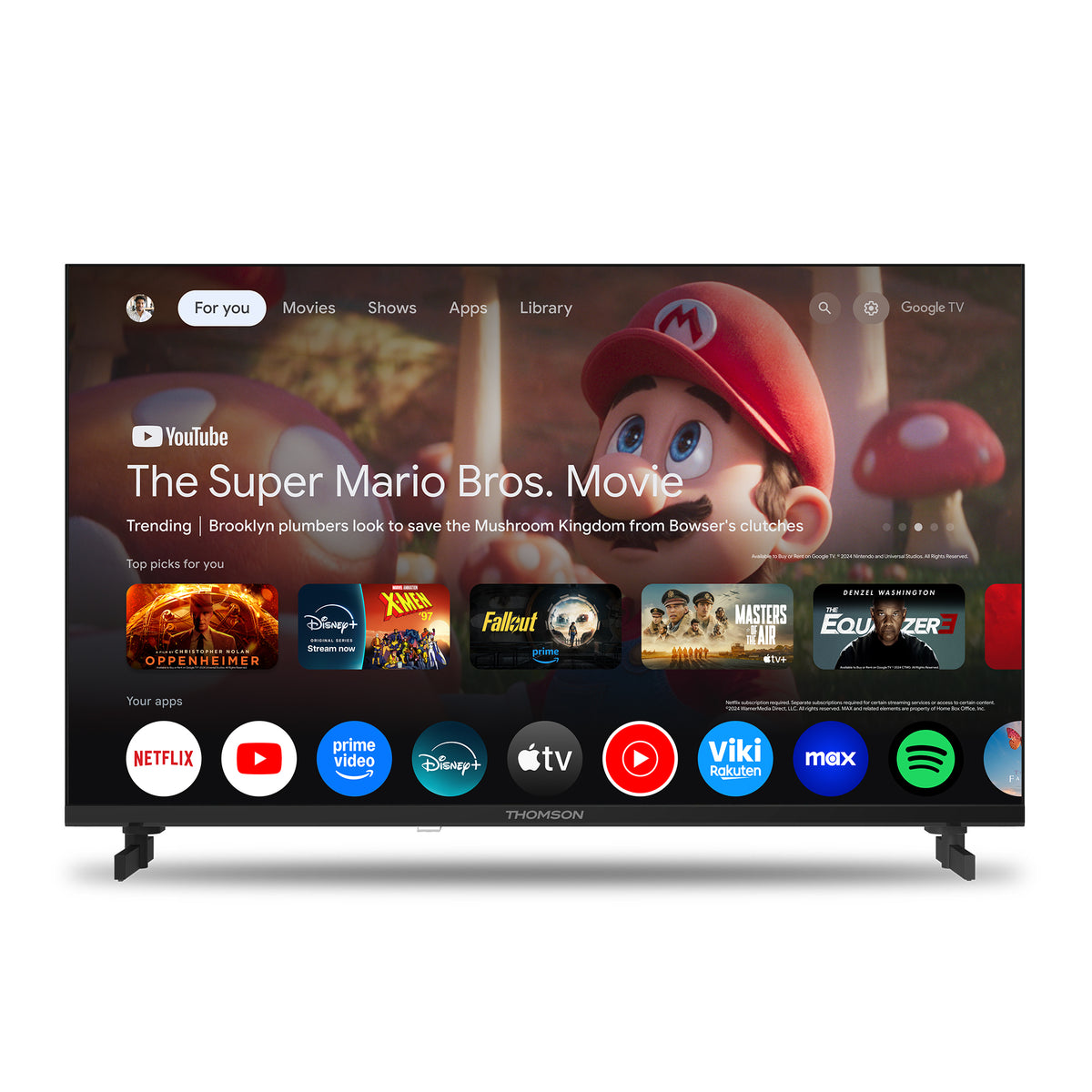Thomson Smart TV displaying a streaming platform interface with various app icons.