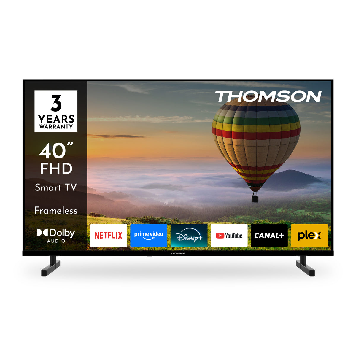 Thomson smart TV displaying a hot air balloon image with brand logos and features.