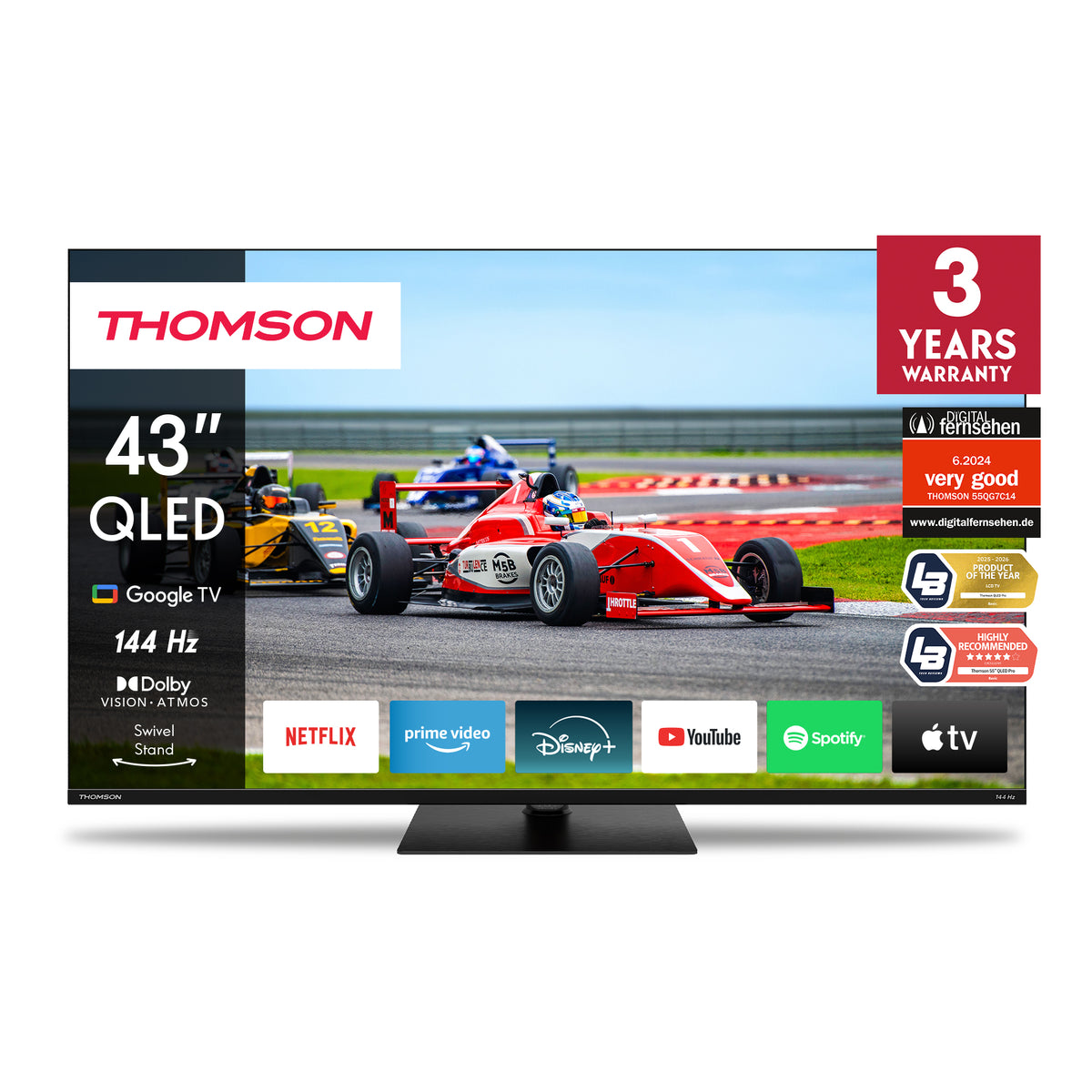 Thomson QLED TV displaying a racing car on the screen with brand logos and warranty information.
