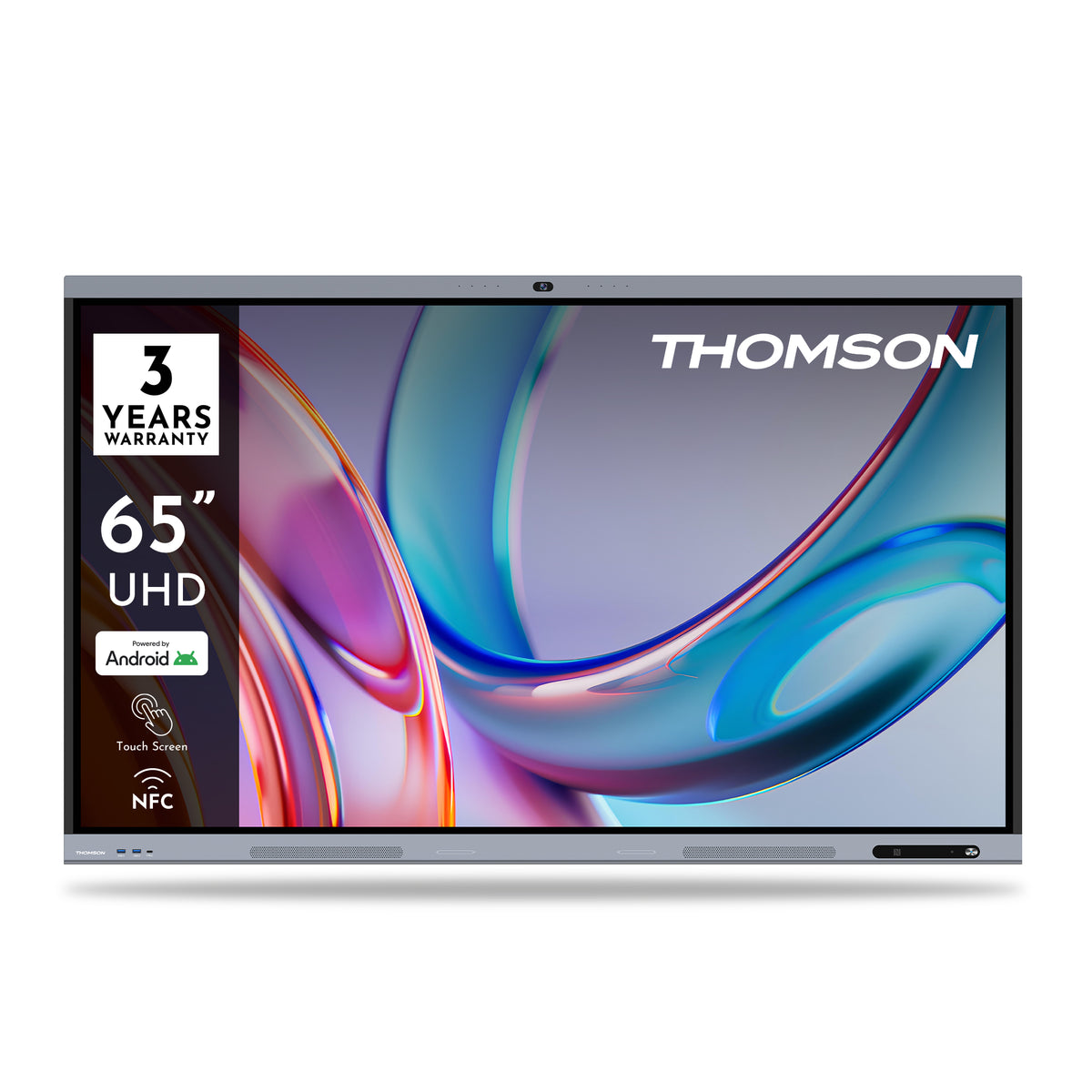 65-inch UHD Thomson display with colorful abstract design on screen