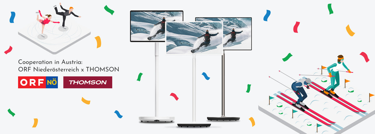 Illustration of people skiing and a television screen with sports graphics, featuring ORF and Thomson logos.