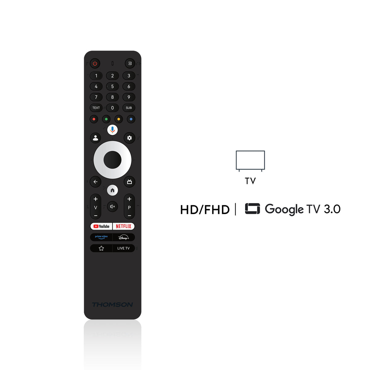 Black remote control with Google TV 3.0 features on a white background