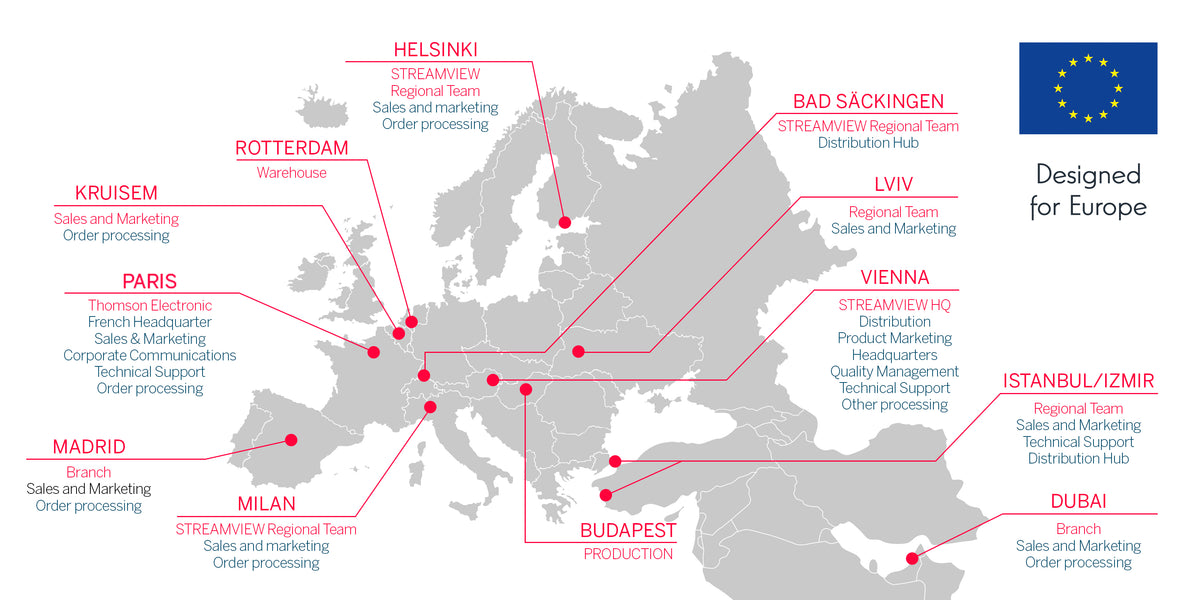 Map of Europe with labeled cities and red dots where THOMSON is present, featuring the EU flag.