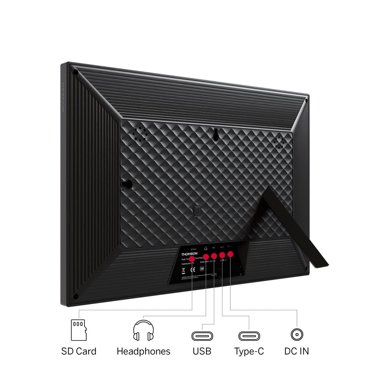 Black digital photo frame with connectivity ports on a white background