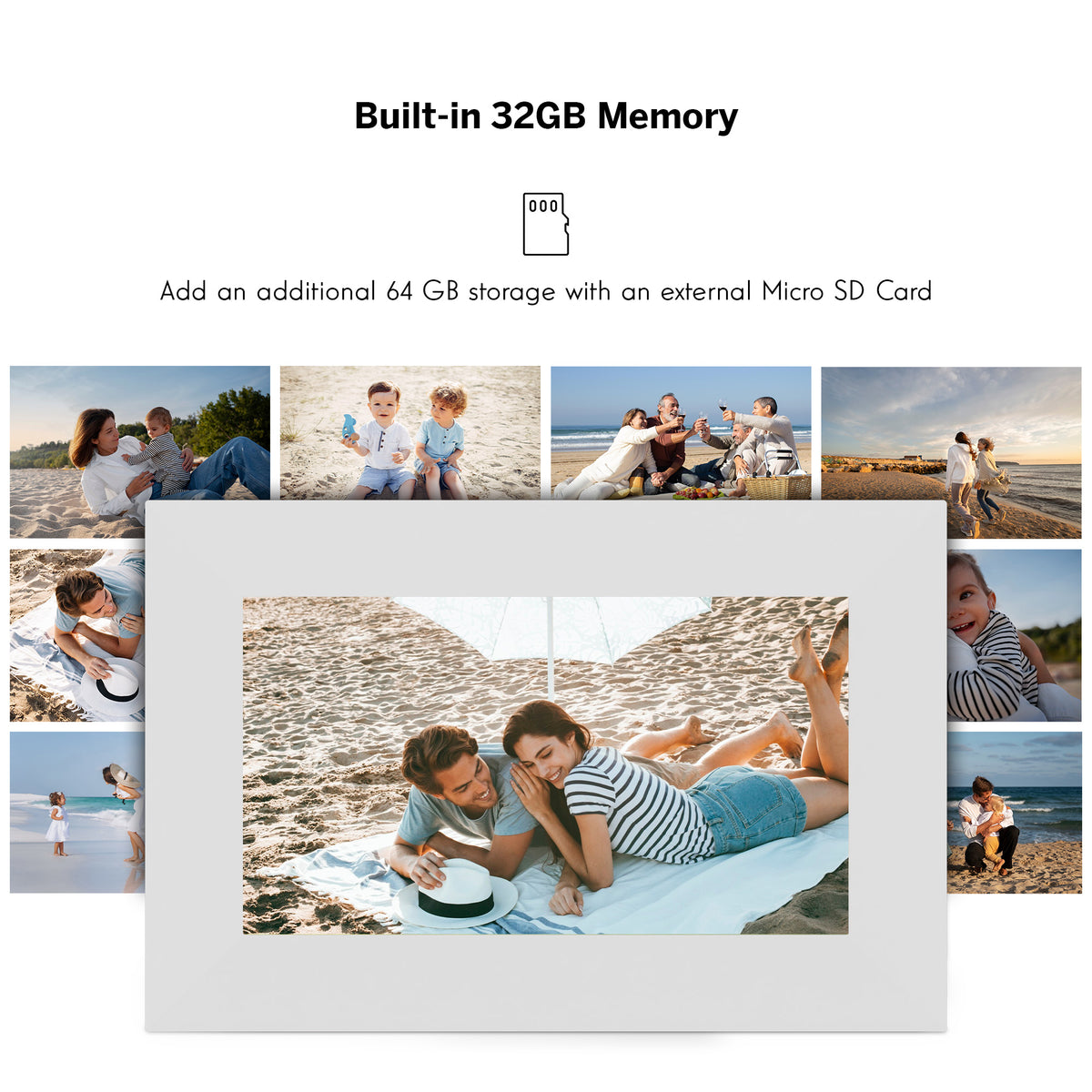 Digital photo frame with built-in 32GB memory and option to add external storage, surrounded by family beach photos.