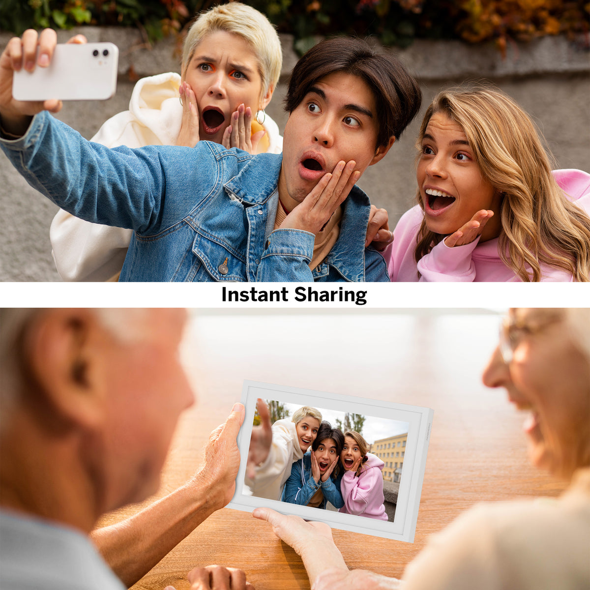 Top: Group of people taking a selfie outdoors. Bottom: People looking at a digital photo frame with a shared photo.
