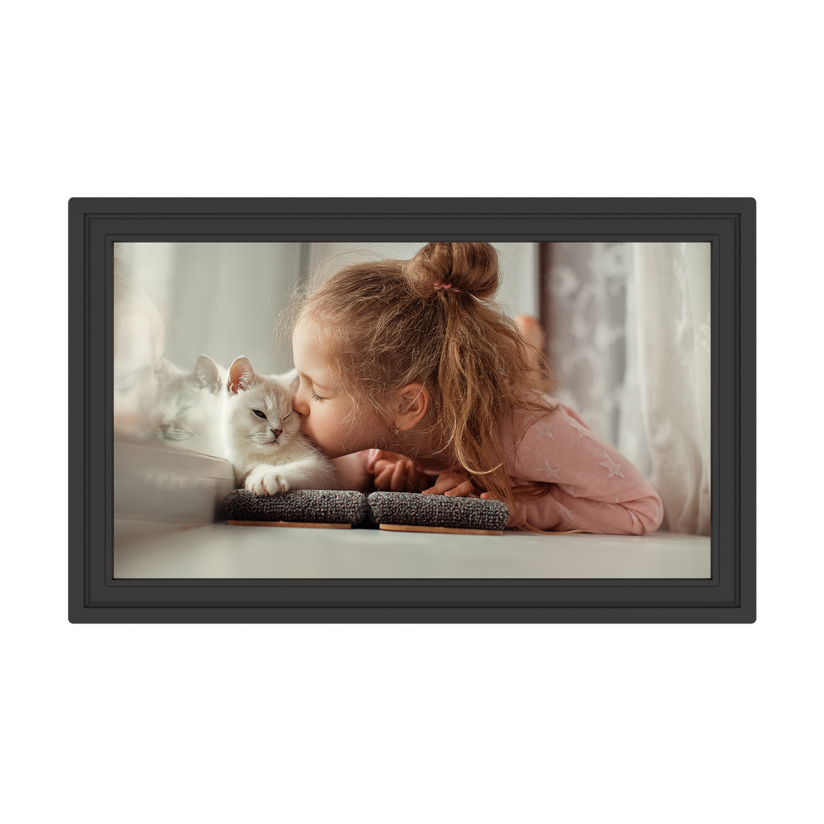 Digital photo frame displaying a picture of a child and a cat on a white background