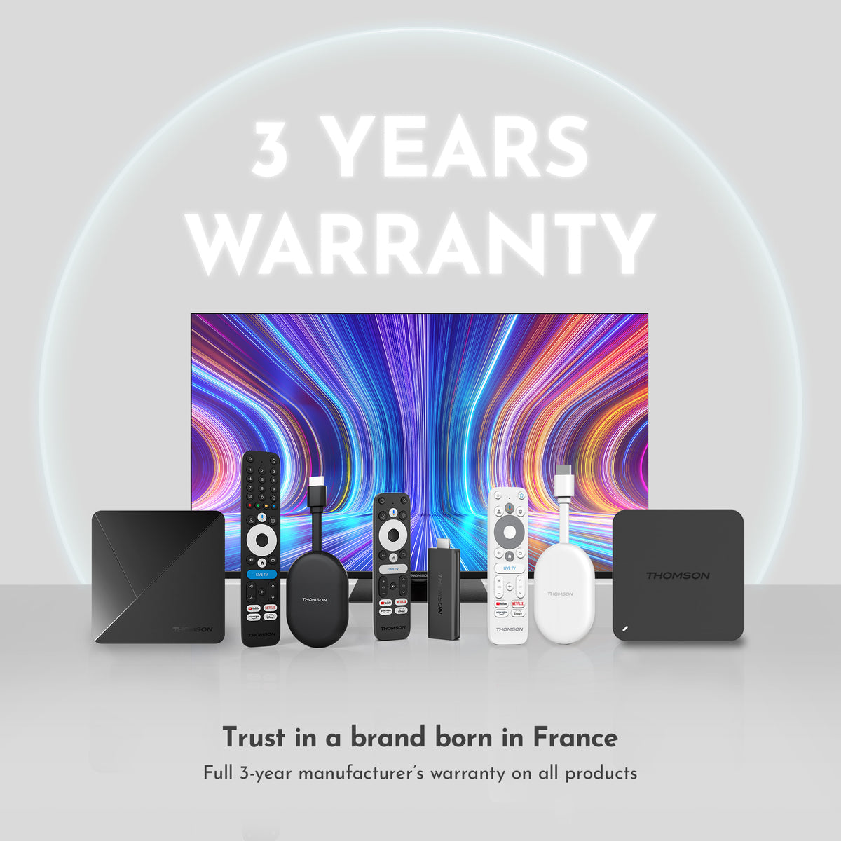 Streaming devices including a TV and speakers with a 3-year warranty text on a gray background.