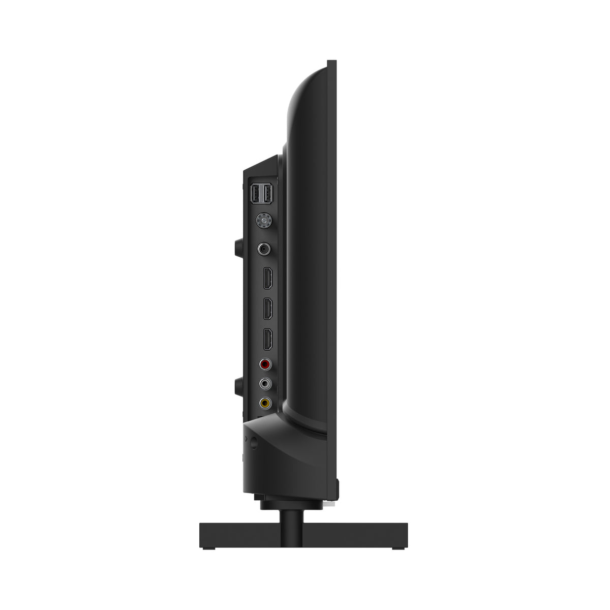 Side view of a black TV device with ports on a white background