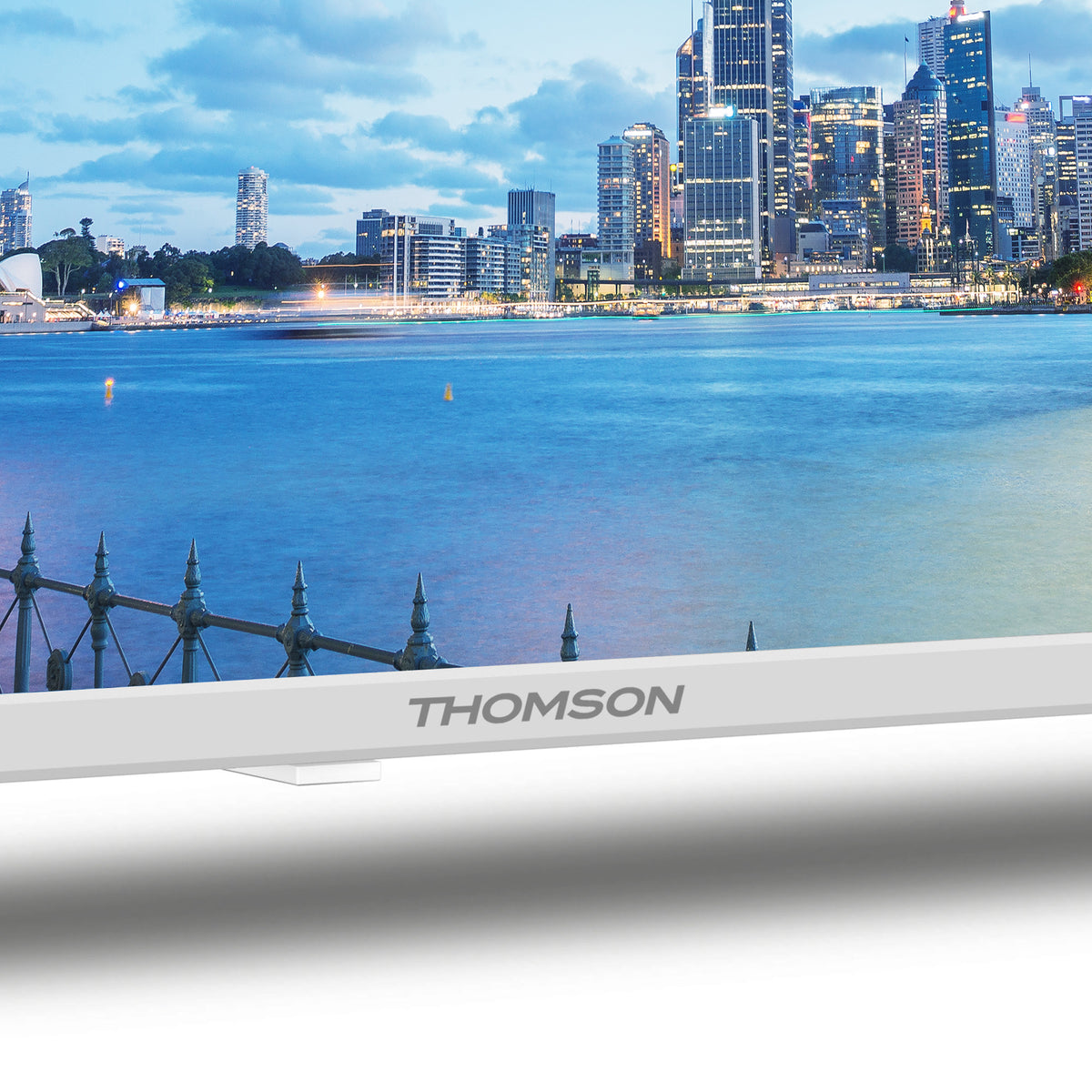 Thomson TV with city skyline and waterfront in the background