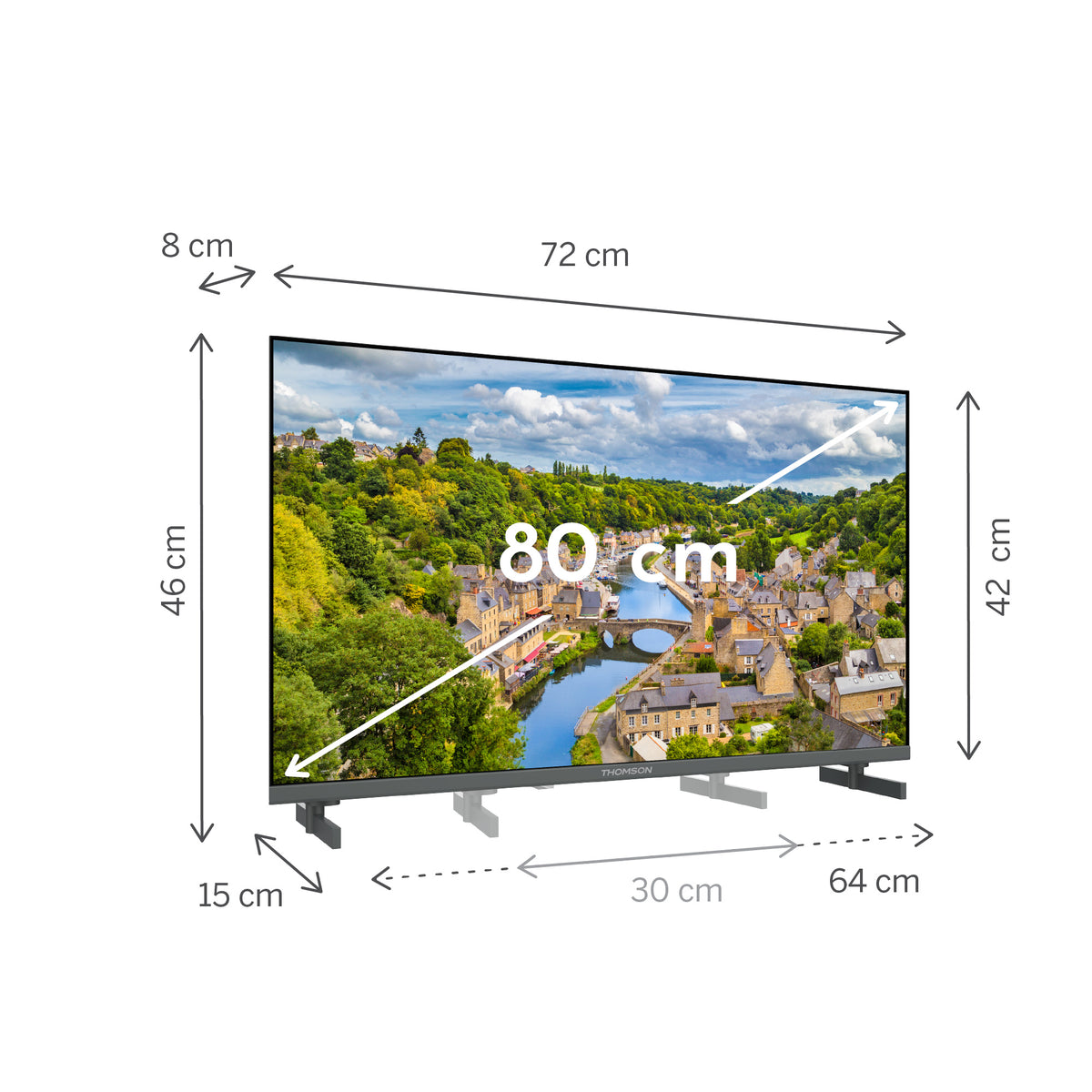 Measurement chart of a television screen displaying a scenic image with dimensions.