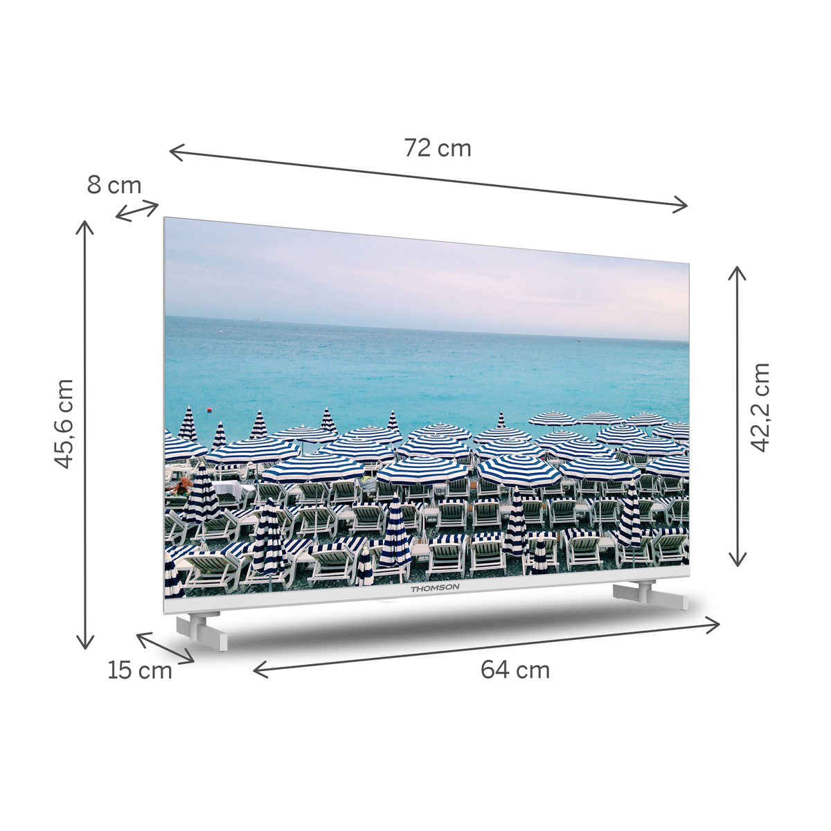 Dimensions of a TV screen displaying a beach scene with measurement labels.