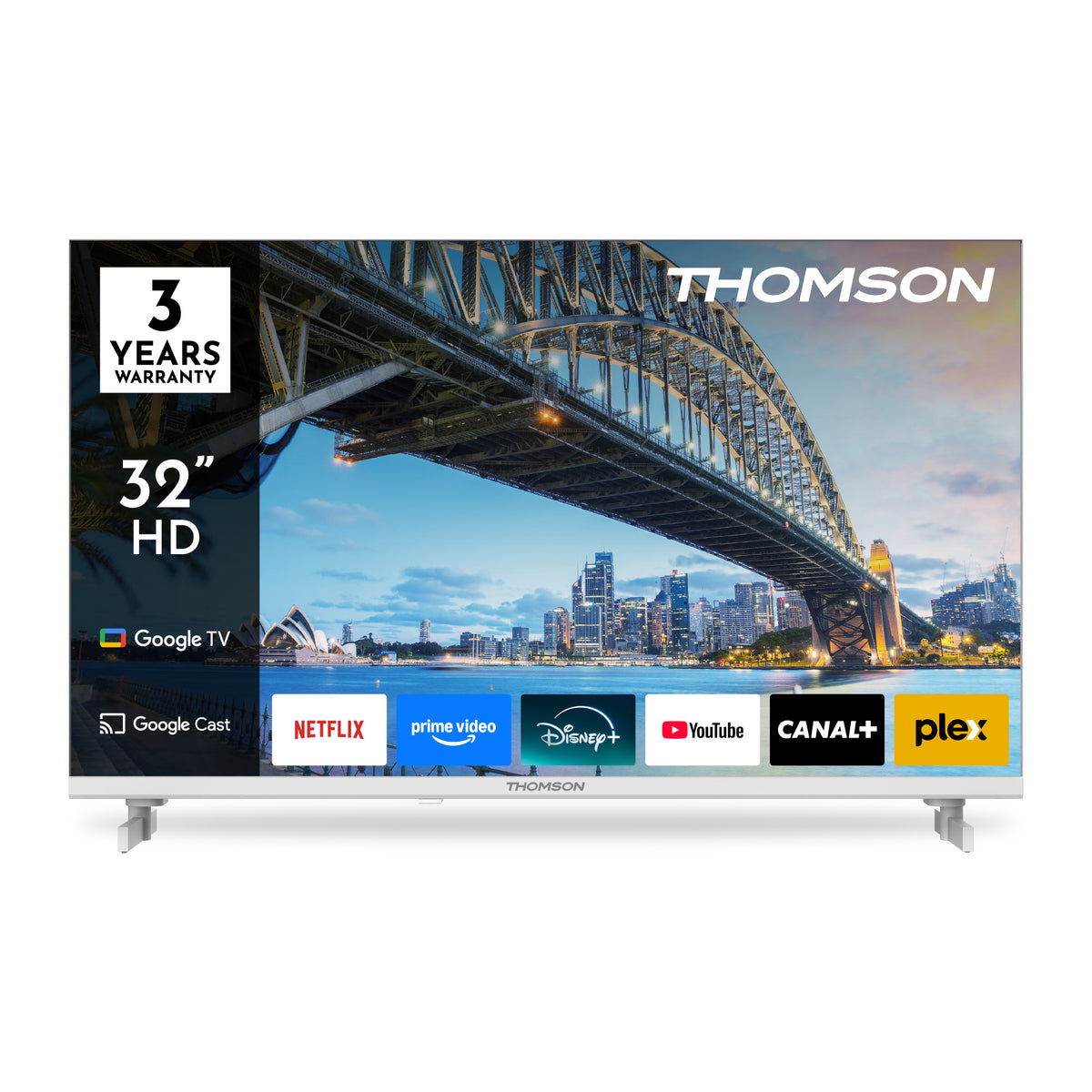 Thomson 32-inch HD TV displaying a cityscape with streaming service logos on a white background.