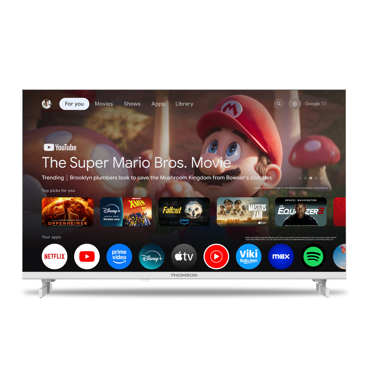 Smart TV screen displaying a streaming platform interface with a Super Mario Bros. movie promotion.