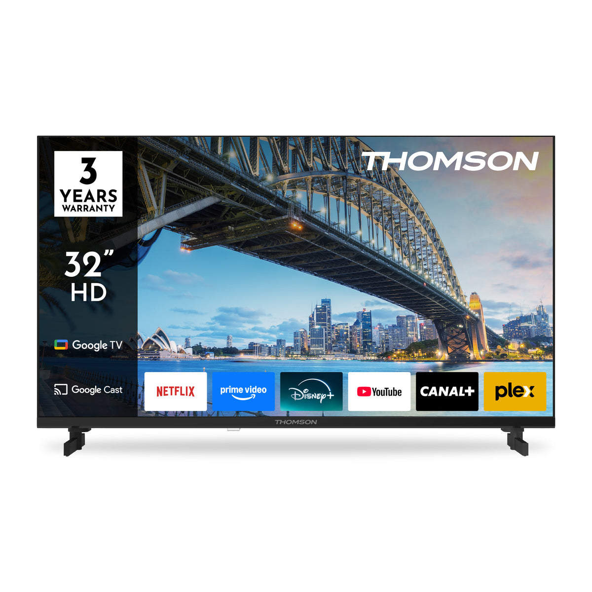Thomson 32-inch HD TV displaying a cityscape with streaming app icons on a white background.