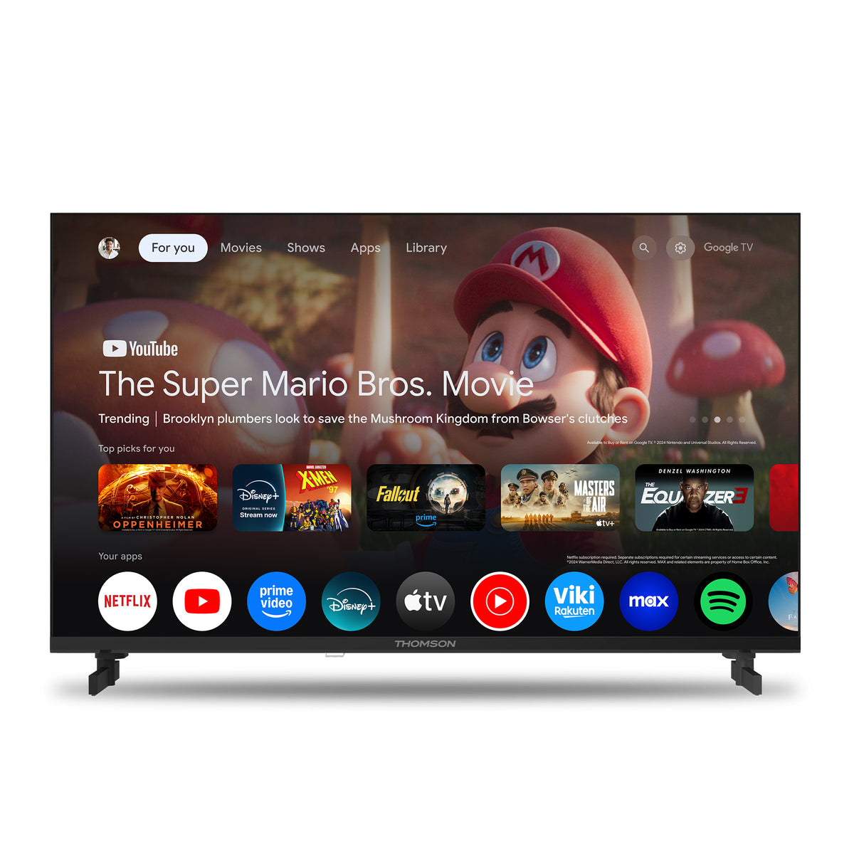 Smart TV displaying a streaming platform interface with a Super Mario Bros. movie promotion.