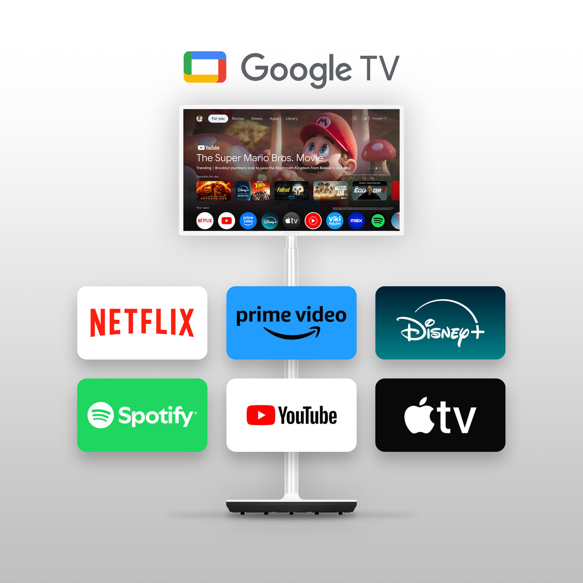 Google TV with streaming service logos on a gray background