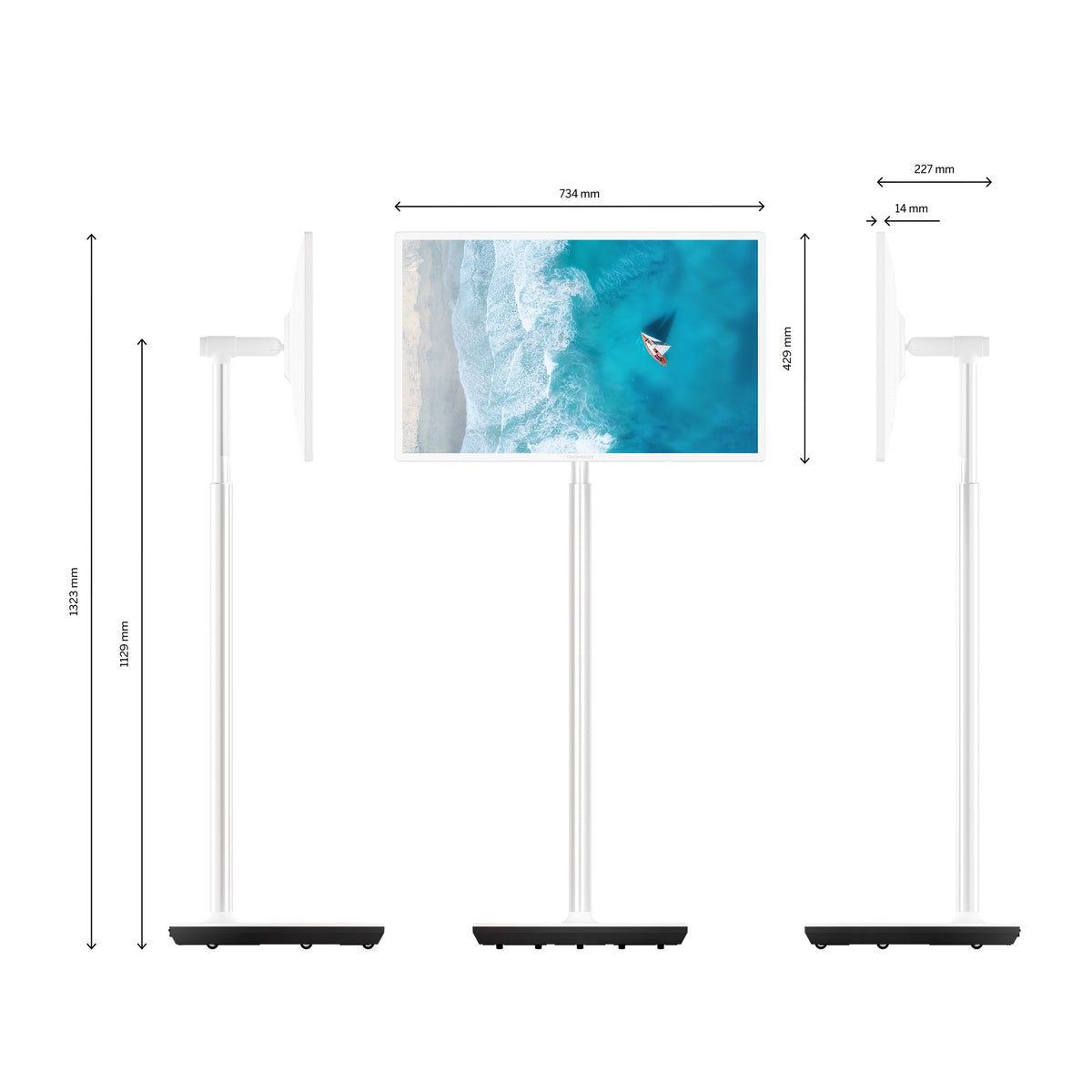 Stand with a screen displaying an image of a surfer in the ocean, with dimensions indicated.