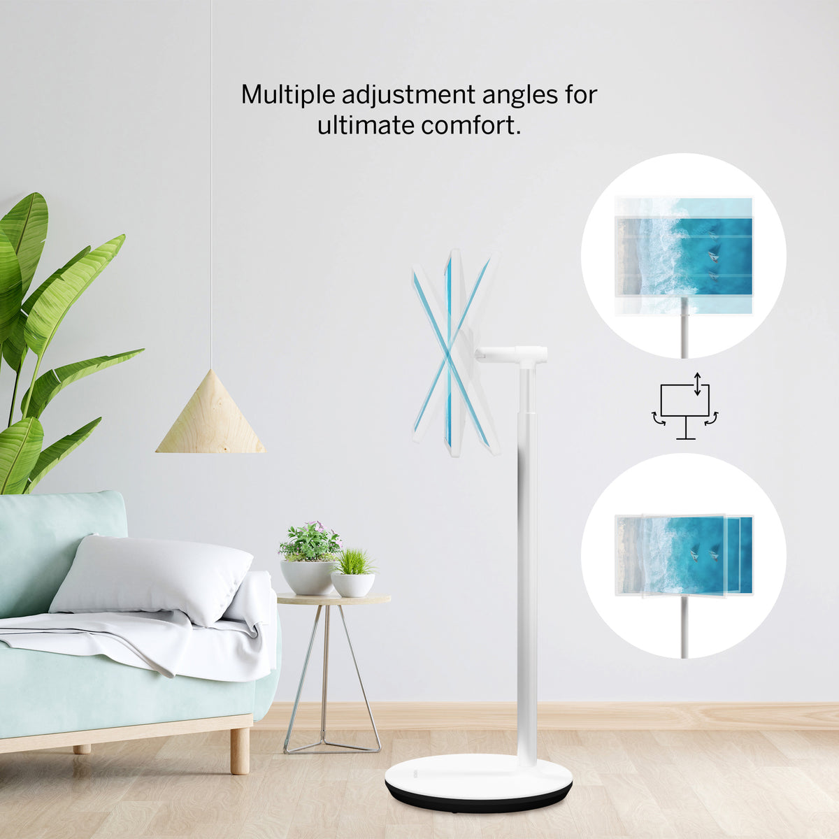 Portable TV with adjustable head in a living room setting, showing multiple angles.