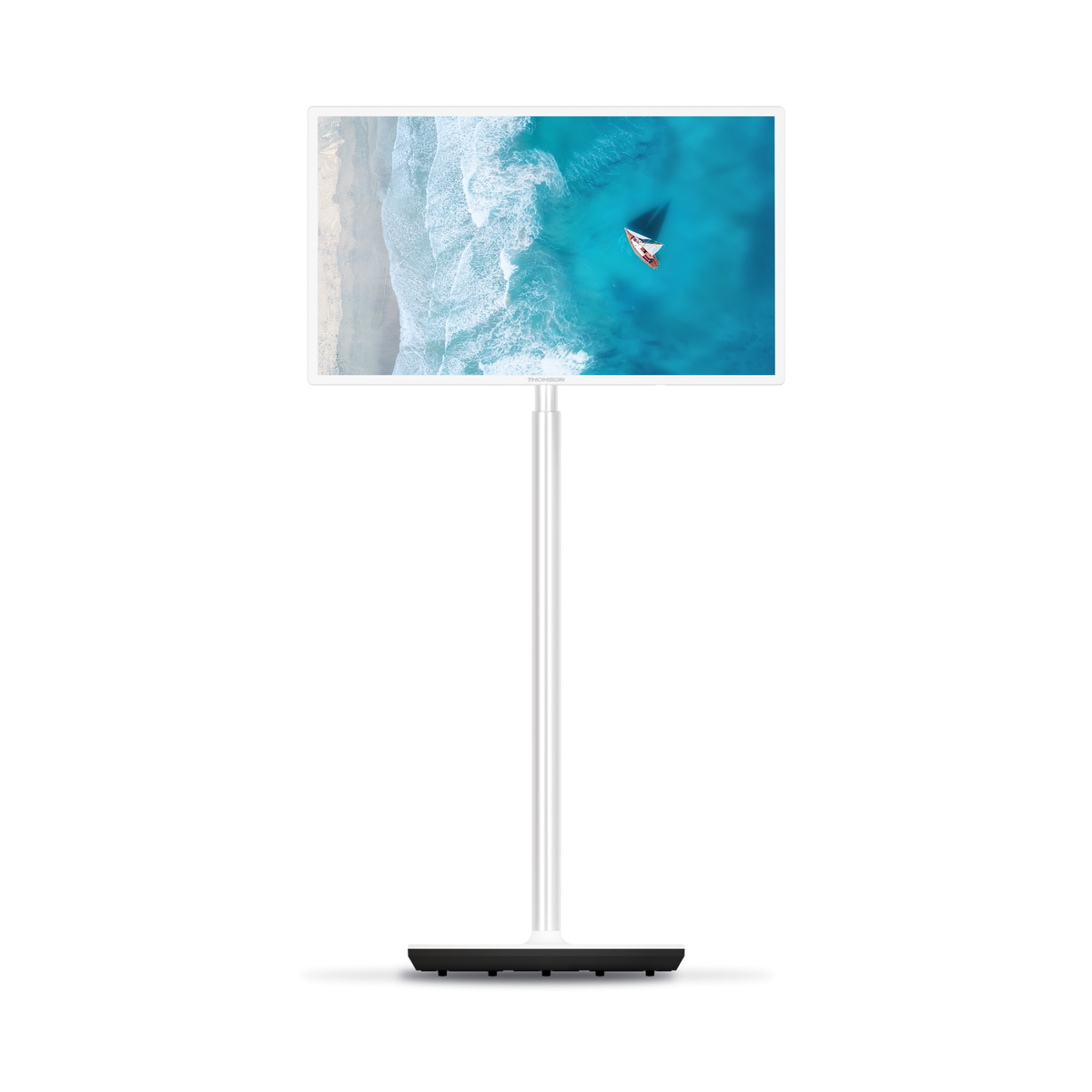 POrtable TV on a stand displaying an image of a sailboat in the ocean.