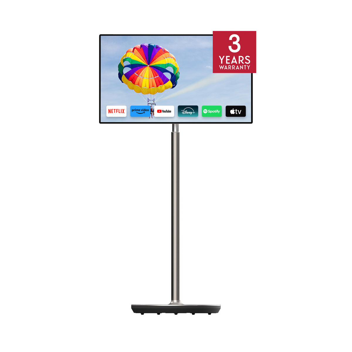 Smart portable screen on a stand with a colorful screen displaying app icons, on a white background.