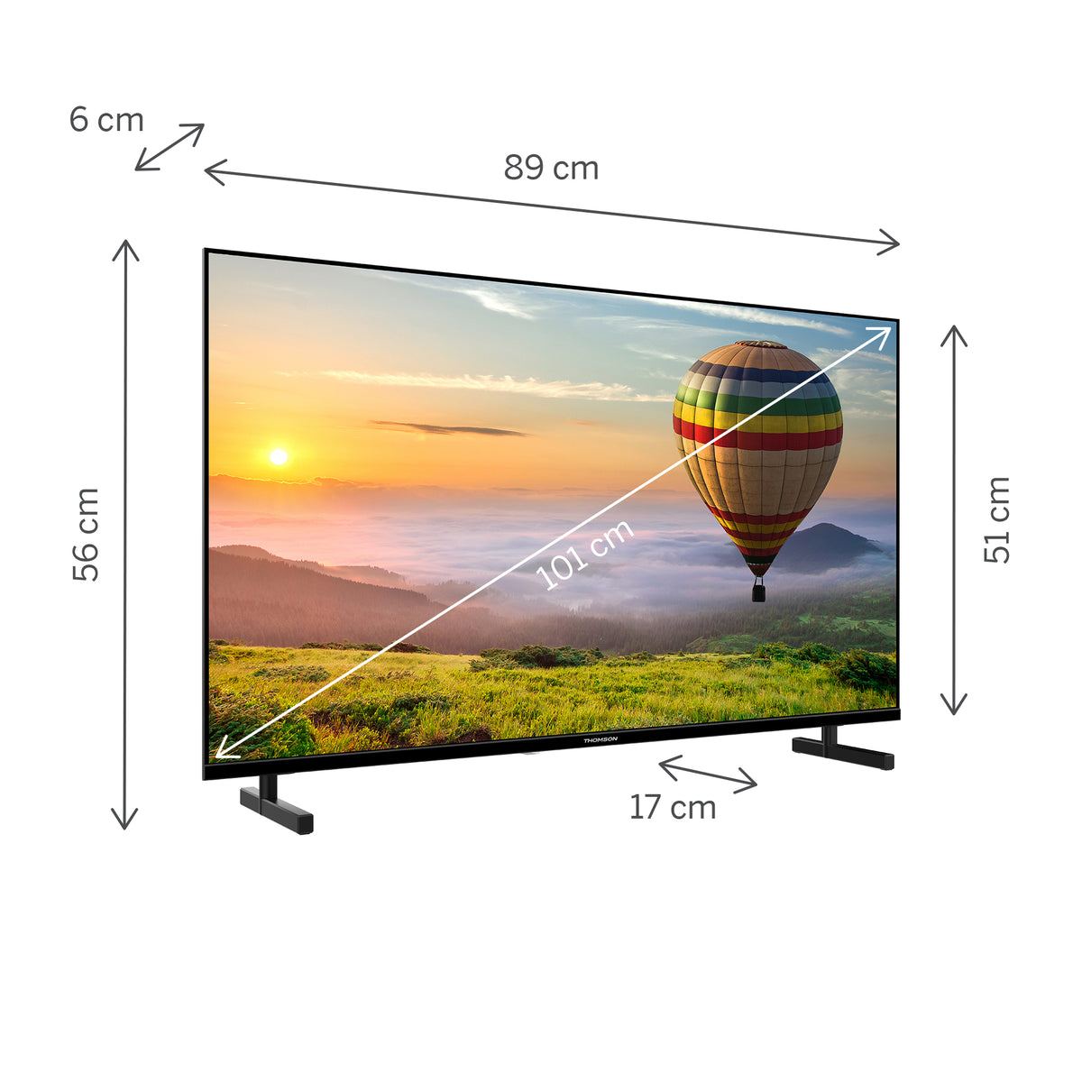 Smart TV with dimensions labeled on a white background