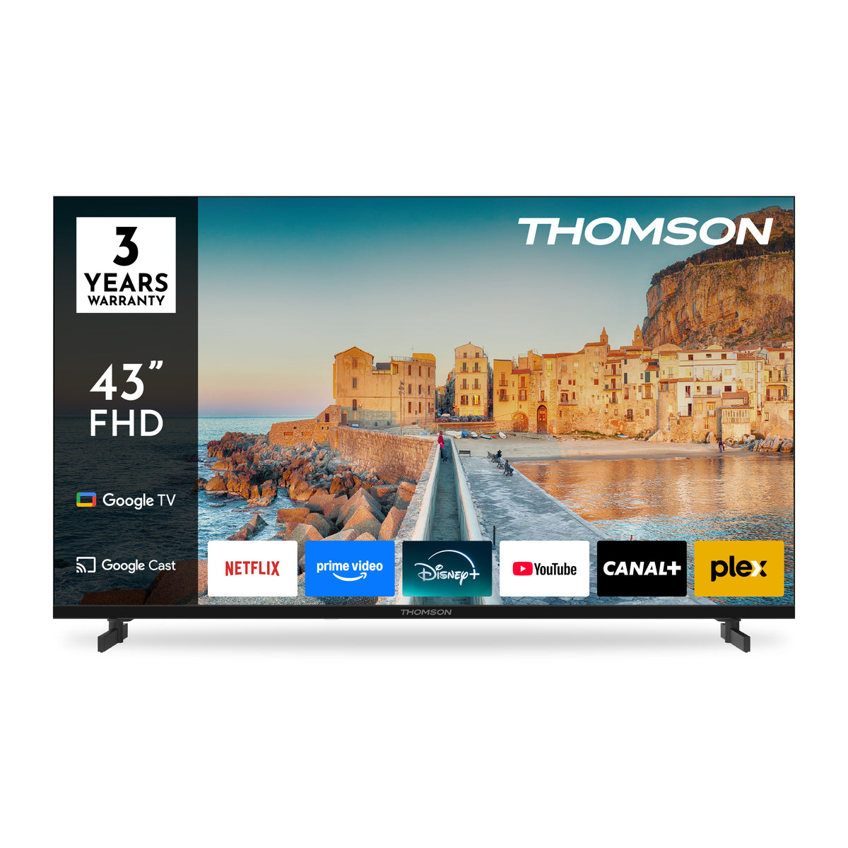 43-inch FHD Thomson TV displaying a scenic image with multiple app icons on the screen.