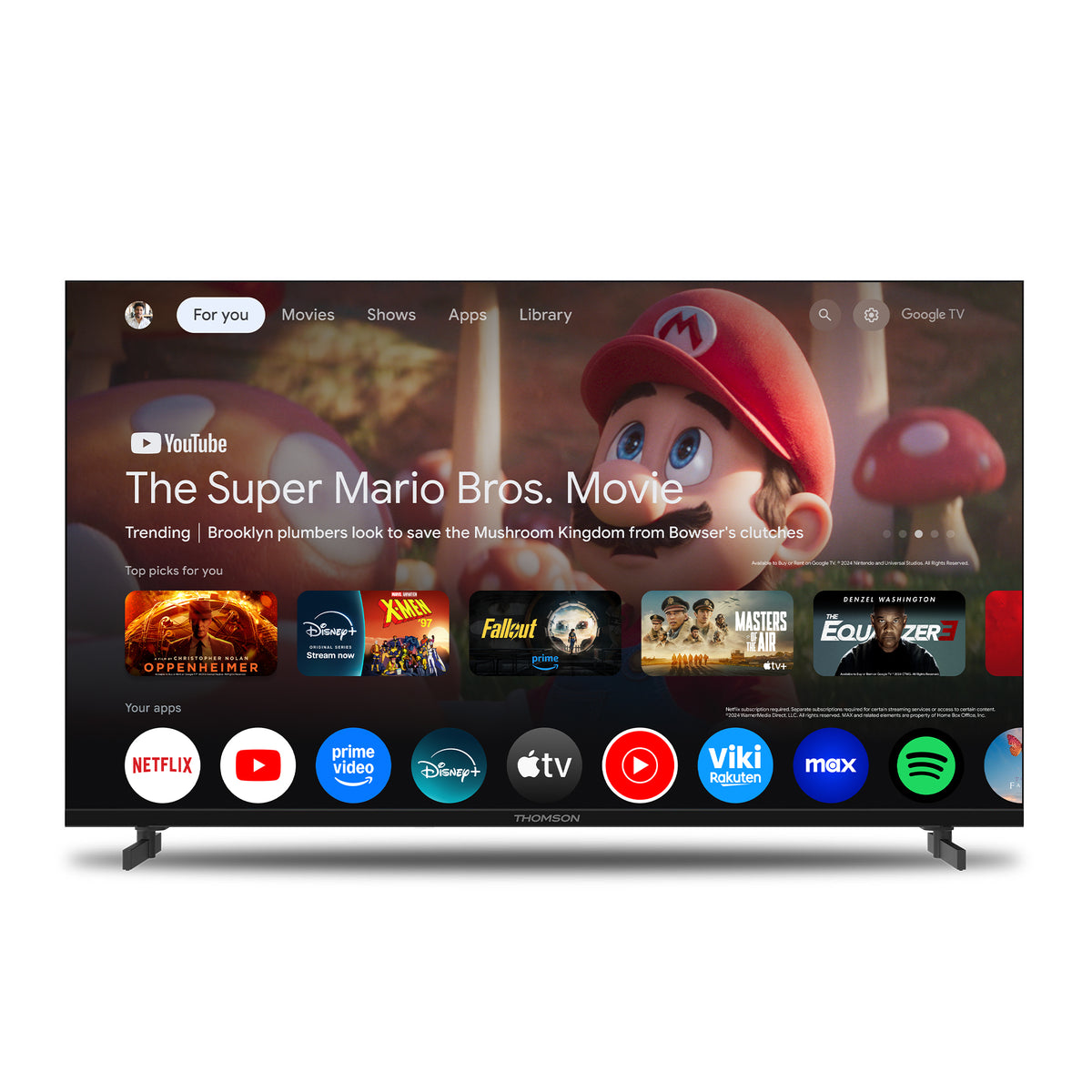 Thomson Smart TV displaying a streaming platform interface with various app icons.