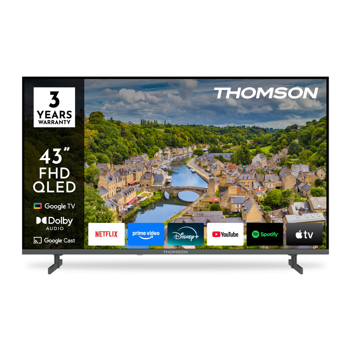 Thomson 43-inch FHD QLED TV displaying a scenic village view with brand logos on the screen.