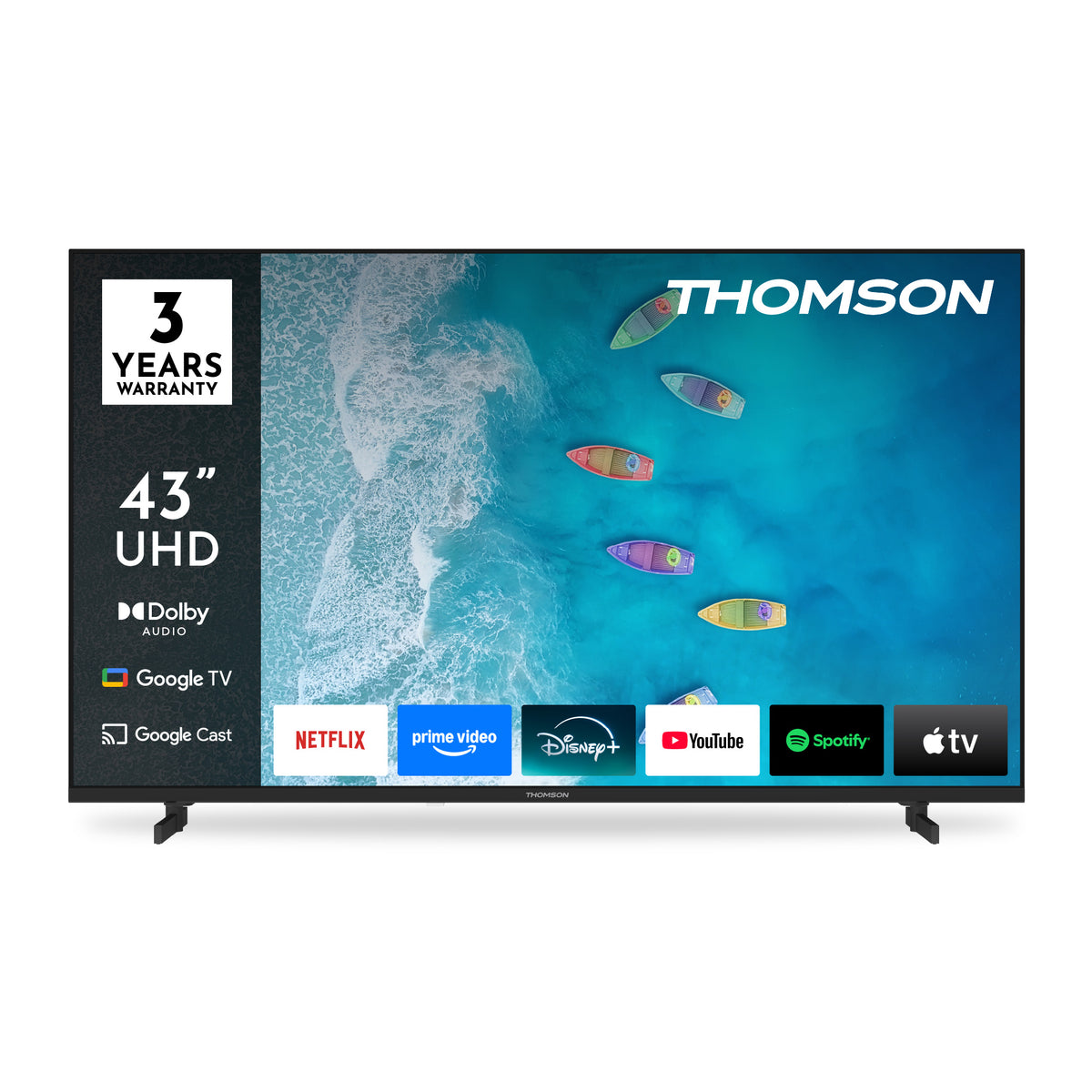 Thomson 43-inch UHD TV with brand logo and features displayed on screen