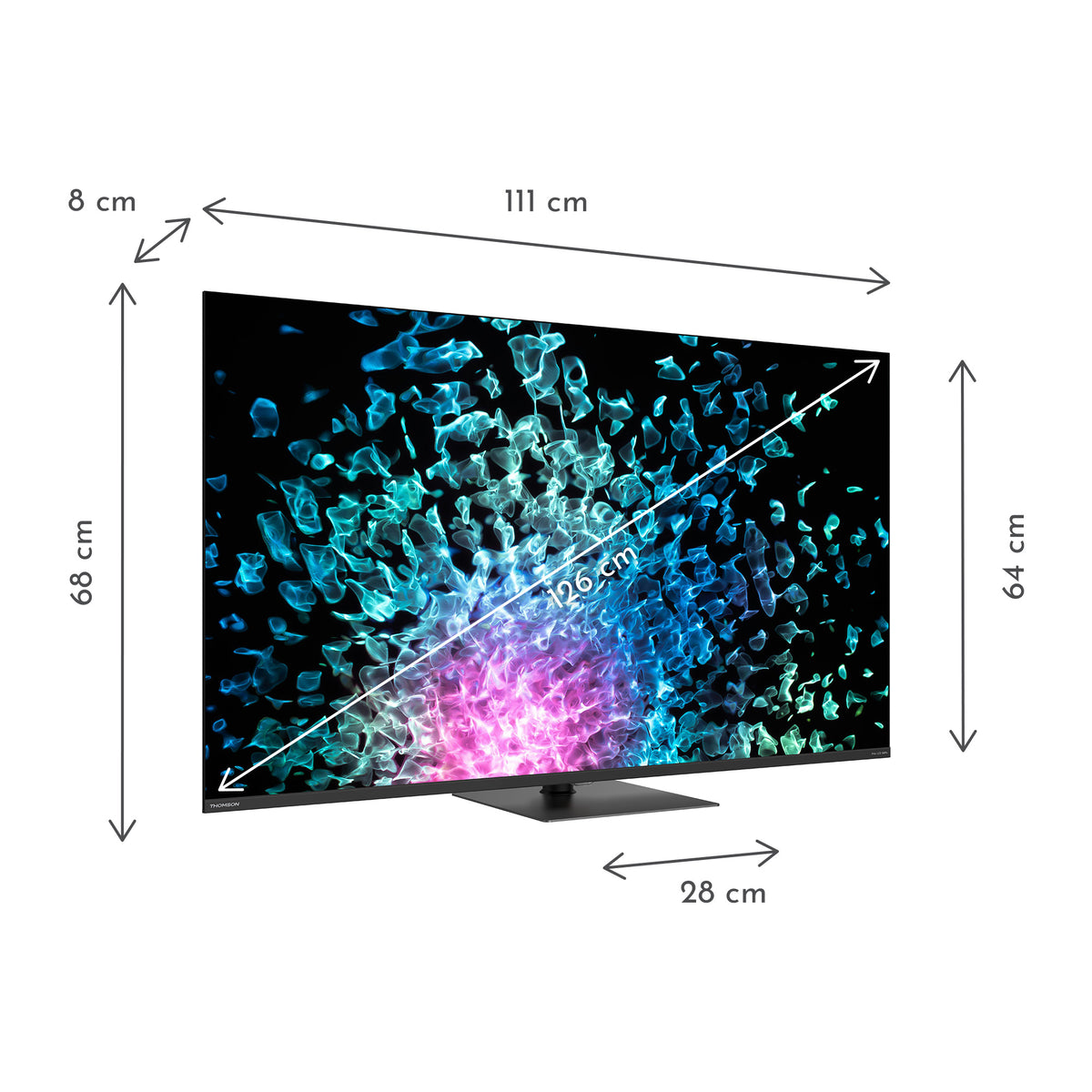 Smart TV with dimensions labeled on a white background