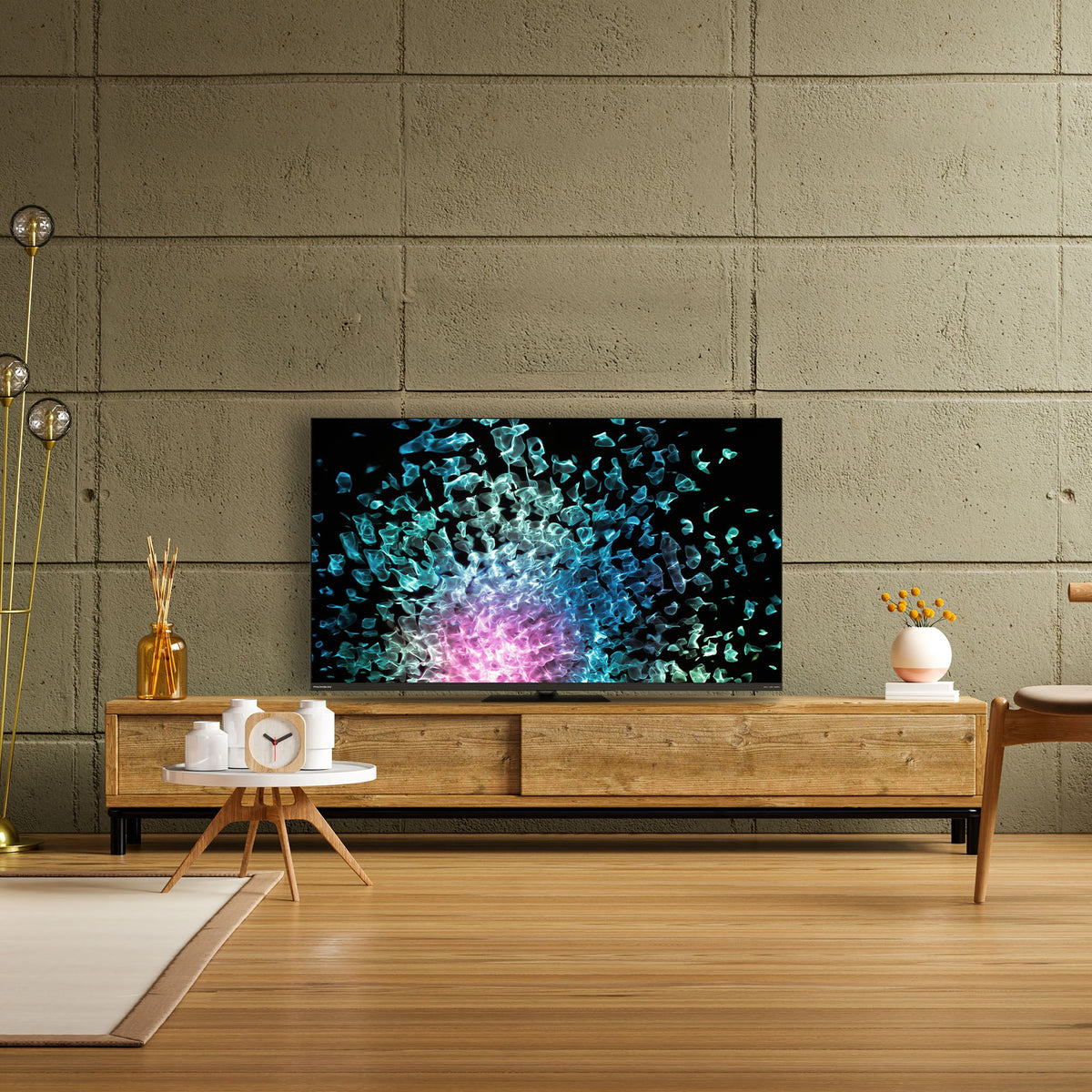 Modern living room with a wooden TV stand and colorful abstract painting on the wall.