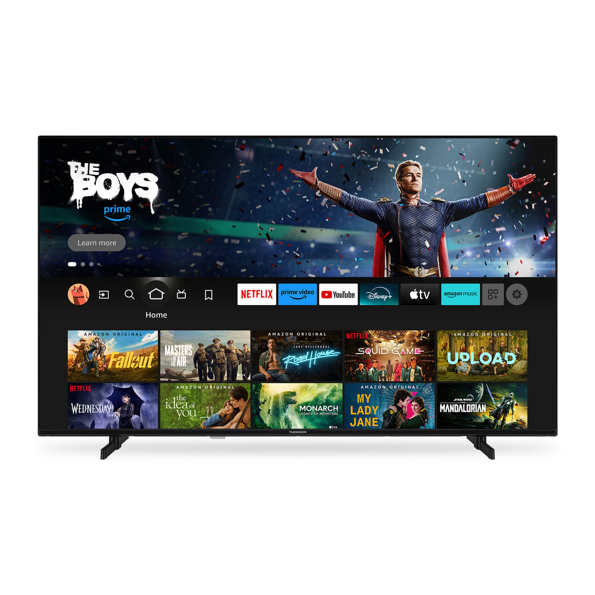 Smart TV displaying streaming platform interface with various shows and apps.