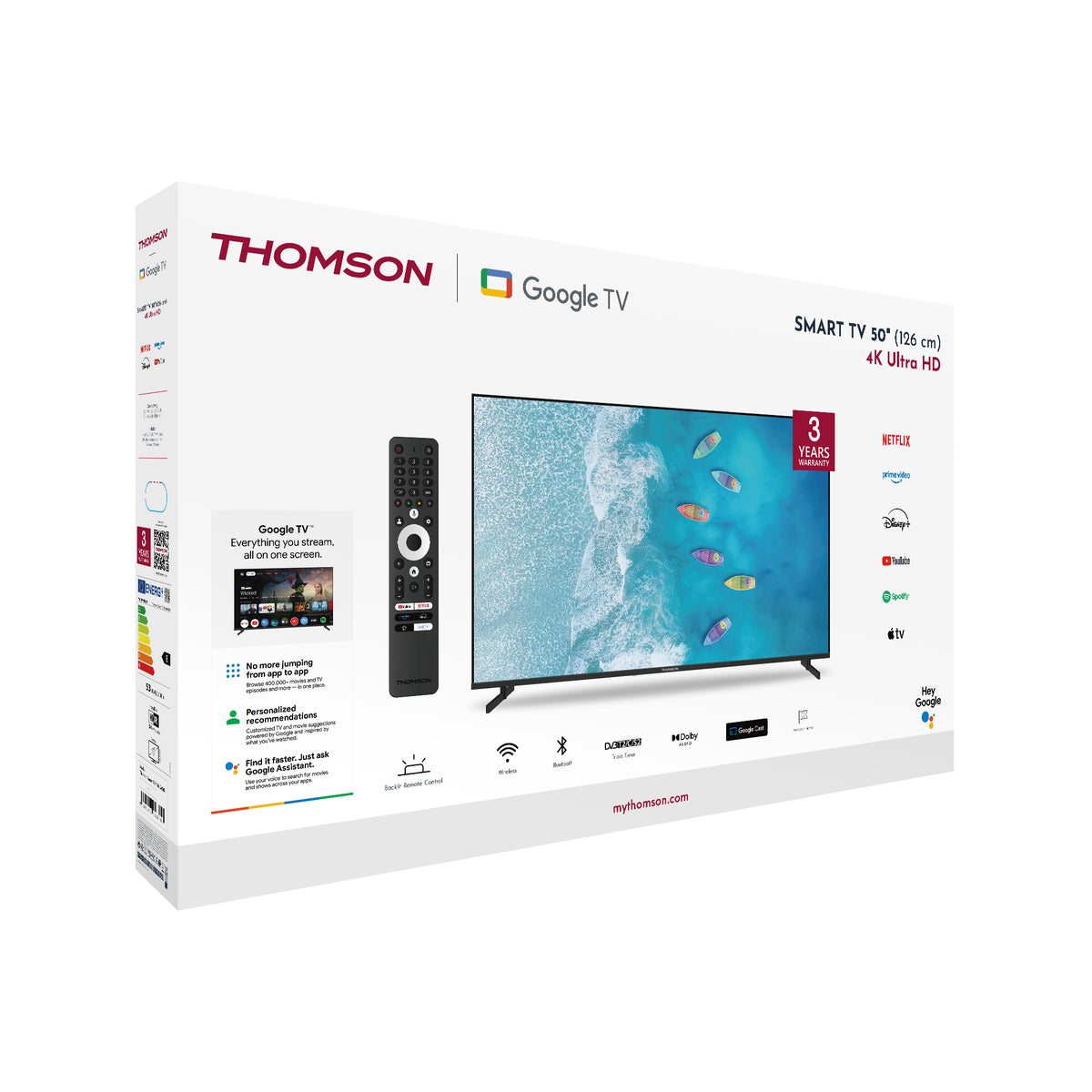 Thomson  4K UHD Google Smart TV packaging with screen displaying interface and features.