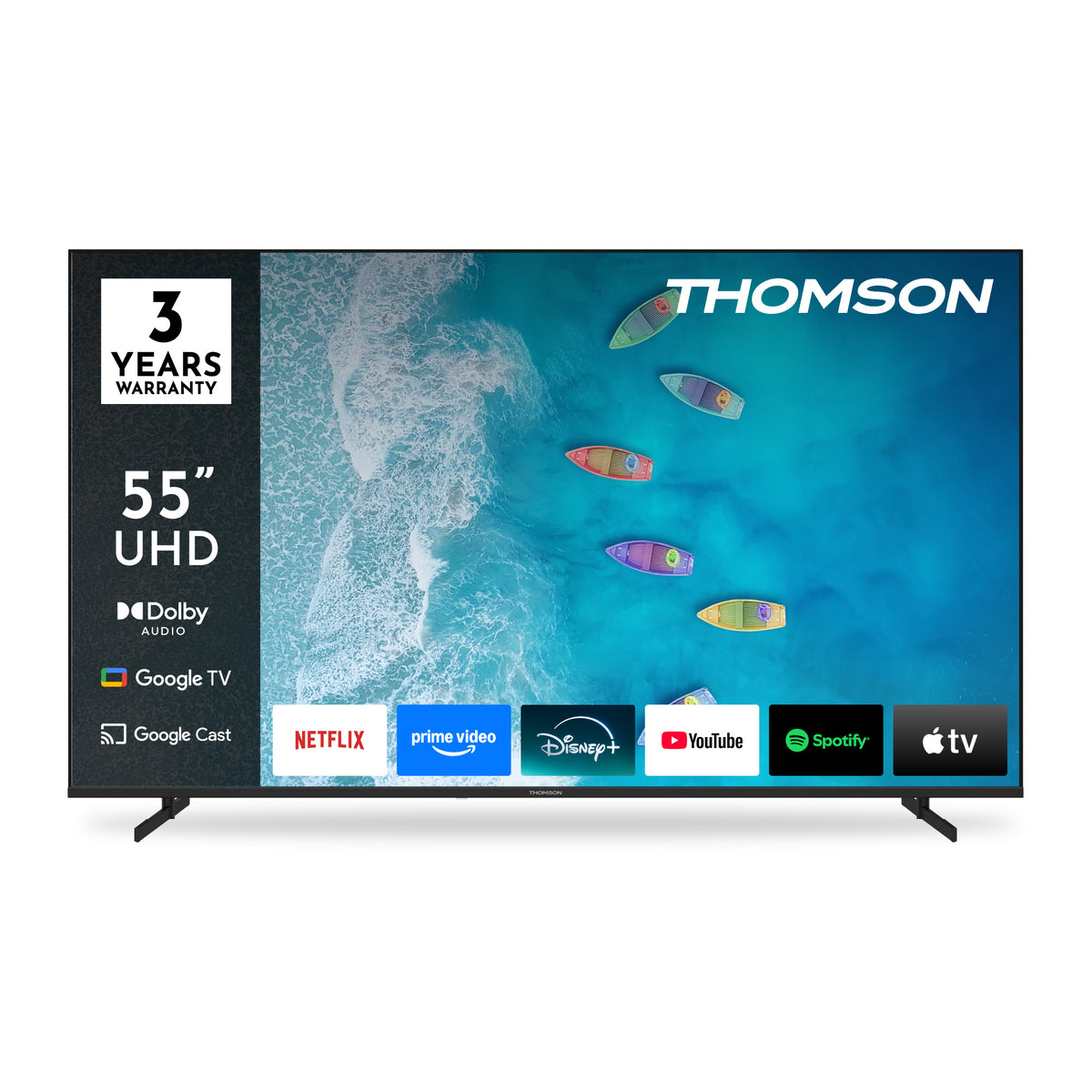 Thomson 55-inch UHD TV with brand logo and features on screen