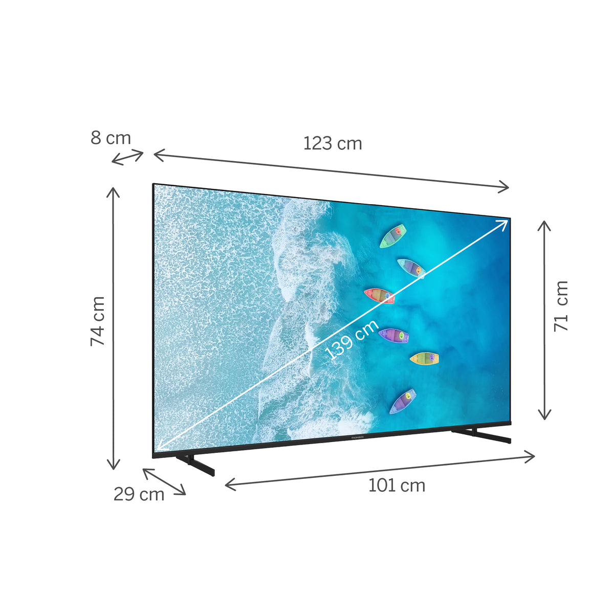Measurement chart of a television screen with dimensions labeled