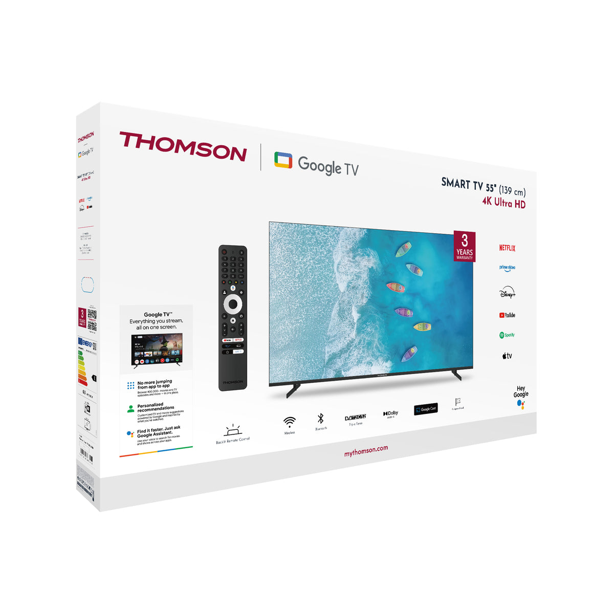 Thomson  4K UHD Google Smart TV packaging with screen displaying interface and features.