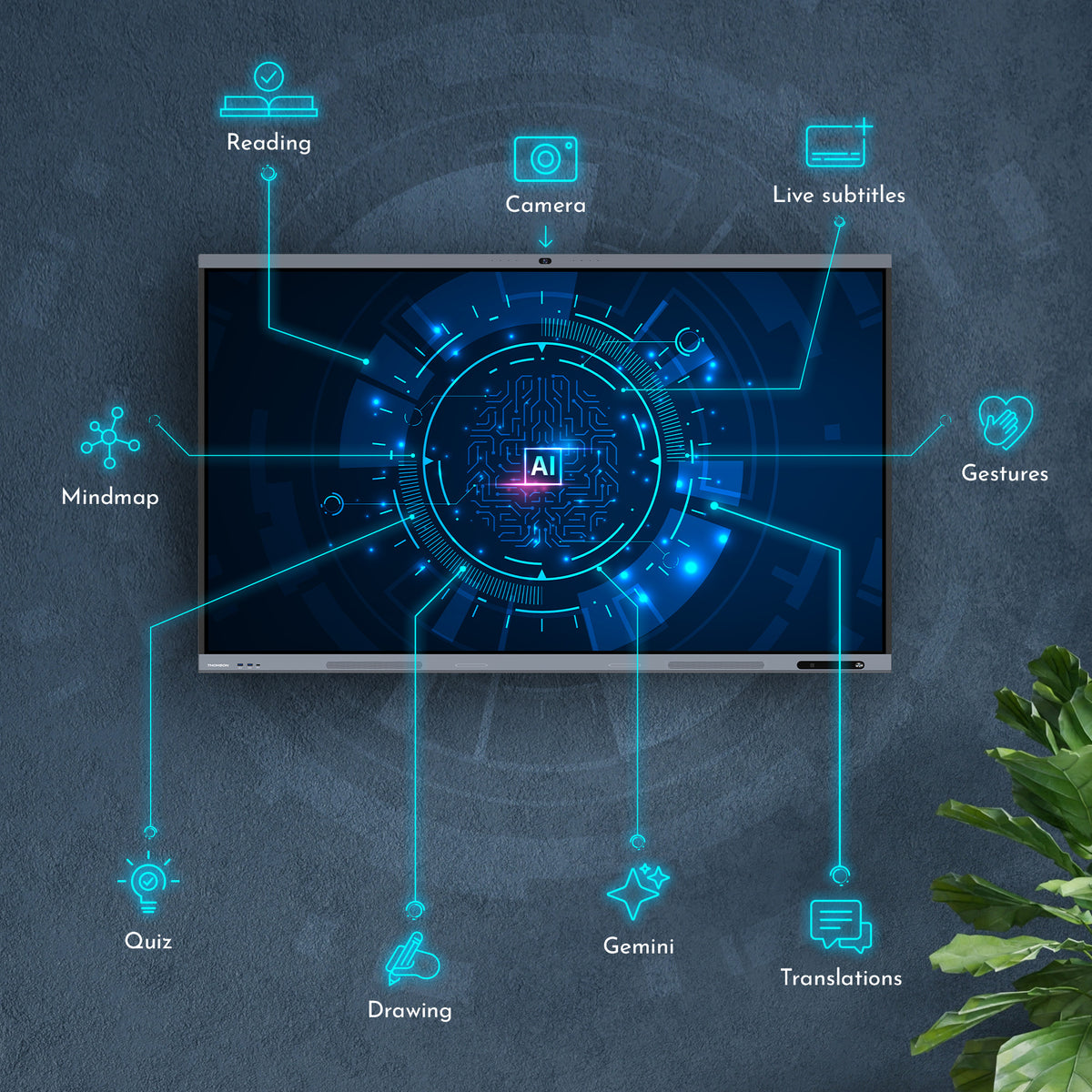 Smart TV with various features like camera, live subtitles, and AI on a dark background