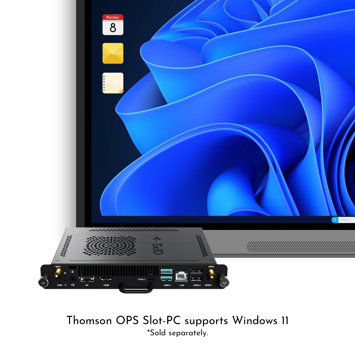 Thomson OPS Slot-PC with a blue abstract design on the screen