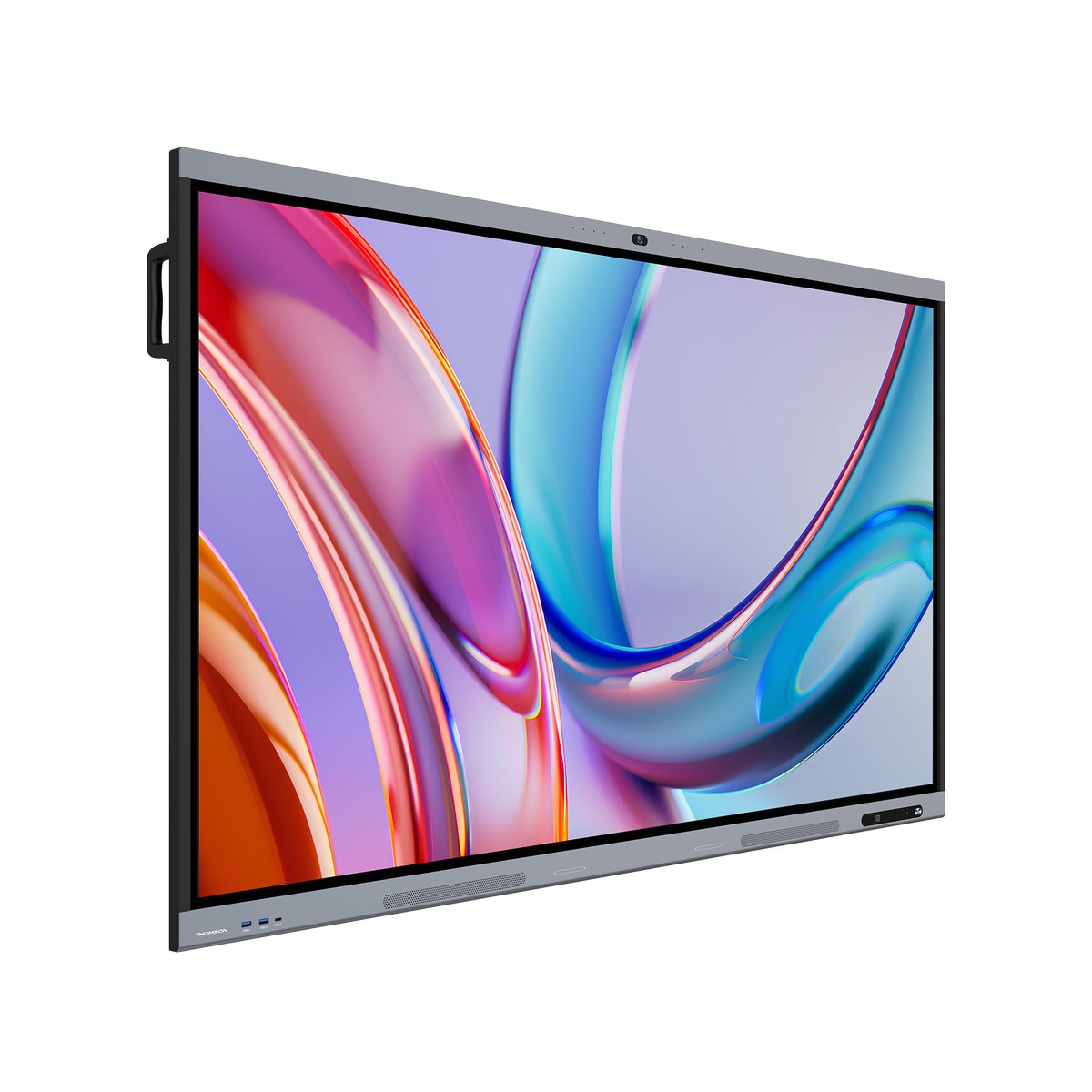 Large flat-screen monitor with colorful abstract design on a white background