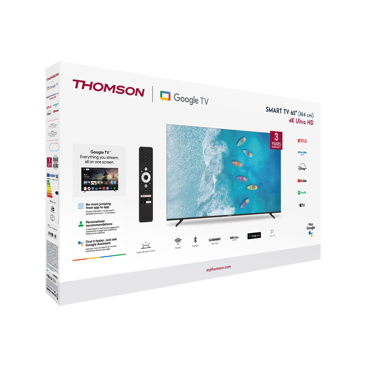 Thomson  4K UHD Google Smart TV packaging with screen displaying interface and features.