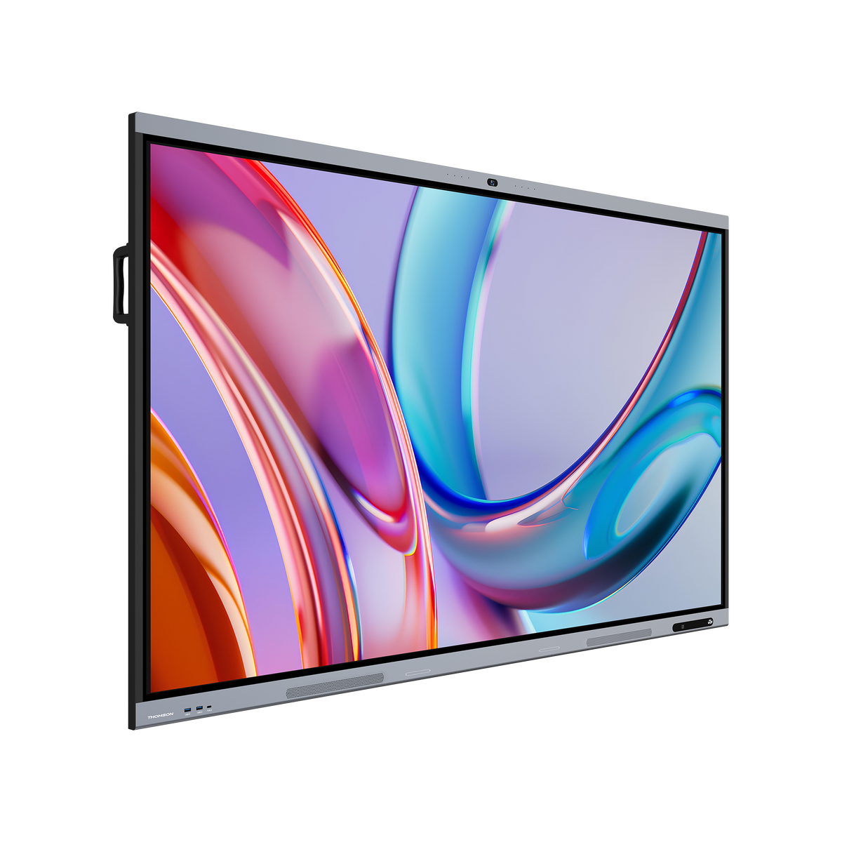 Large flat-screen smar board displaying colorful abstract design on a white background