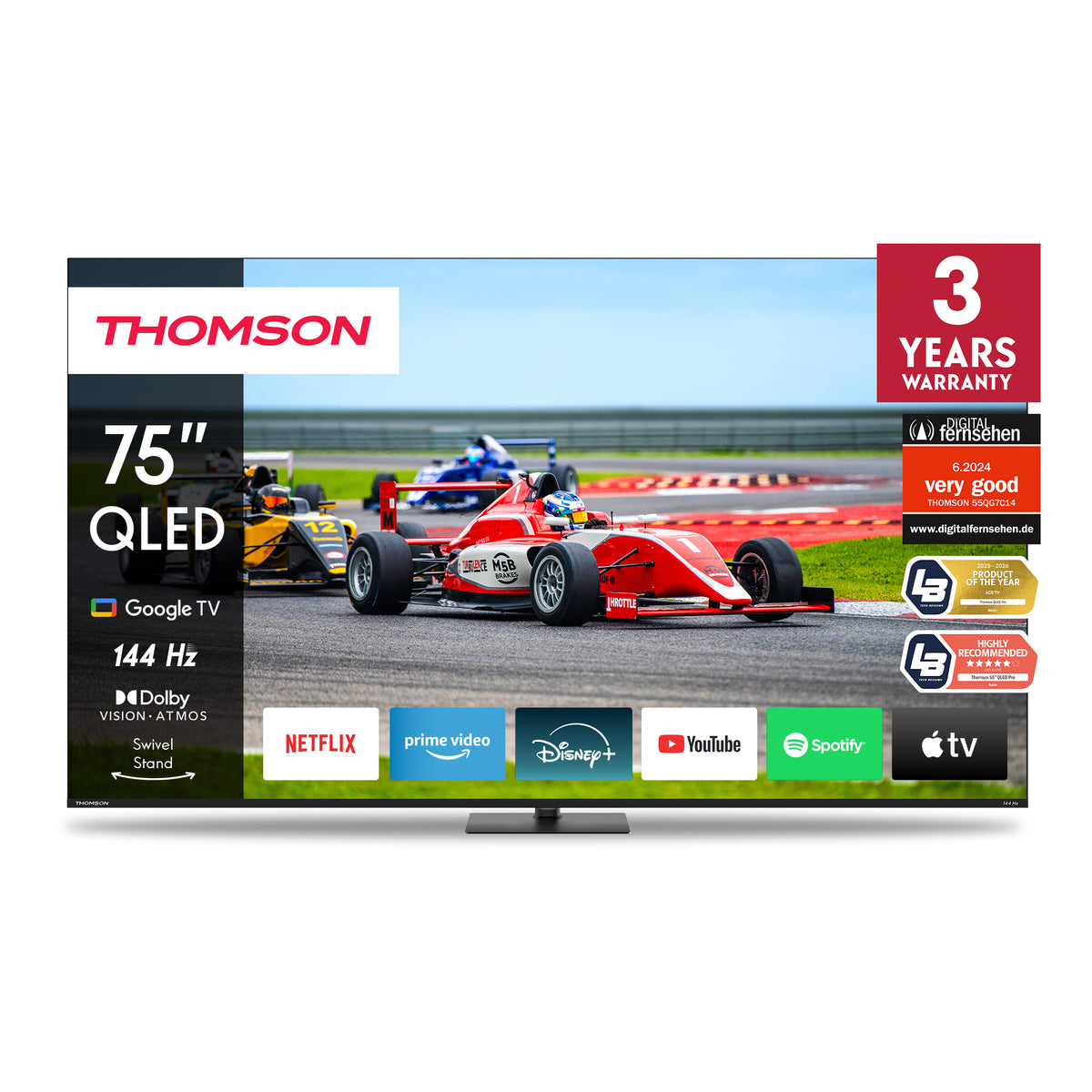 Thomson QLED TV displaying a racing car on the screen with brand logos and warranty information.