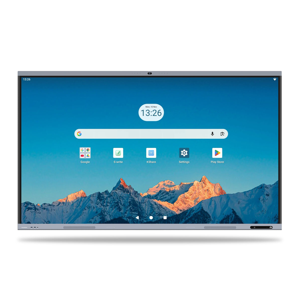 Large digital smart board screen with a mountainous landscape on the screen