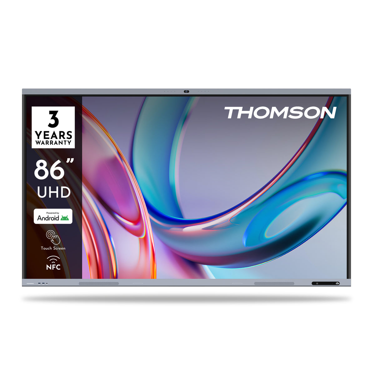 86" UHD Smart Board display with feature icons, waranty logo
