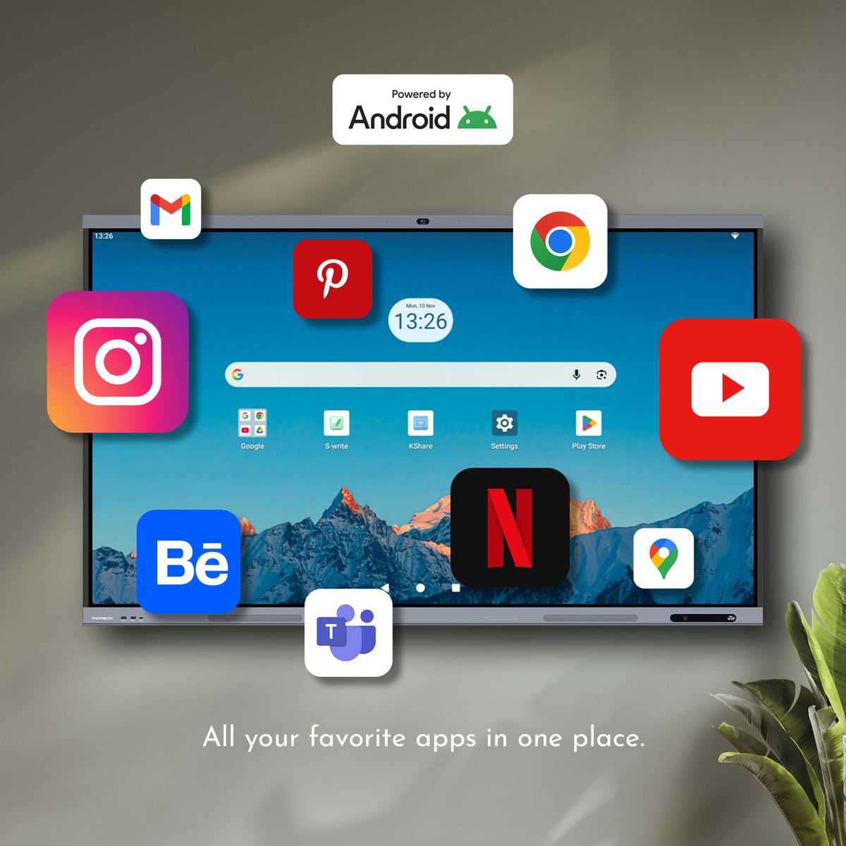 Smartboard screen with various app icons and Android logo, displaying 'All your favorite apps in one place.' text.