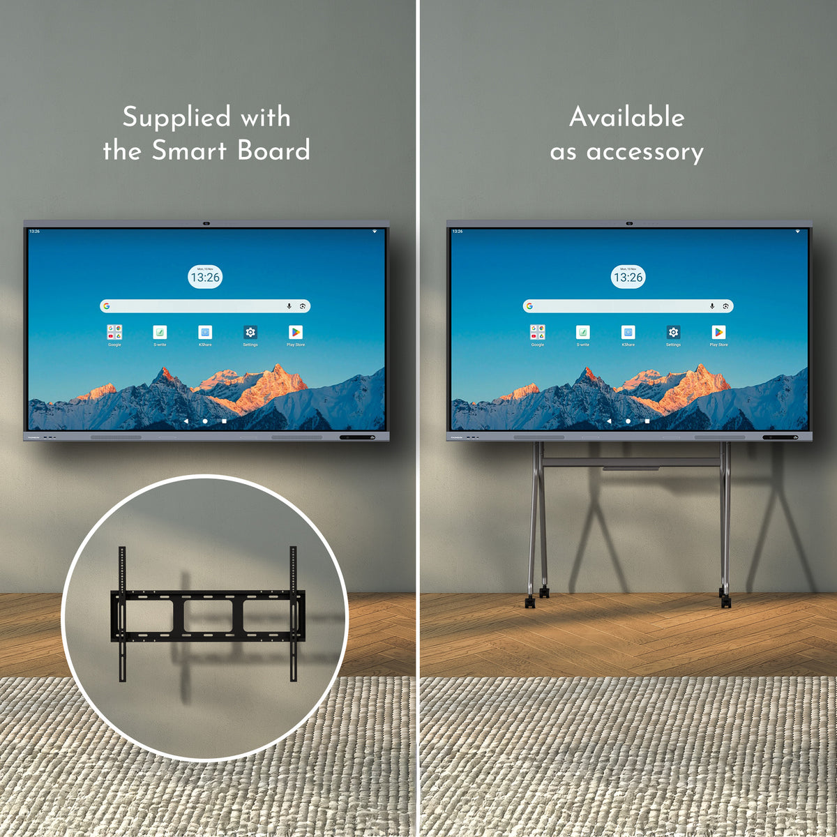Smart board mounted on a wall and on a stand with an inset showing a wall mount.