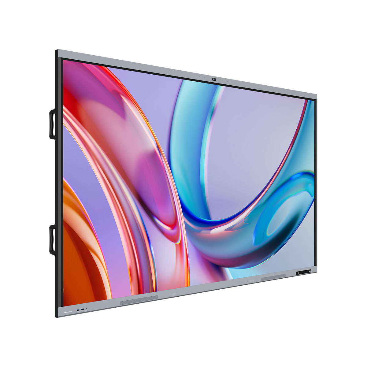 Large flat-screen TV with colorful abstract design on a white background